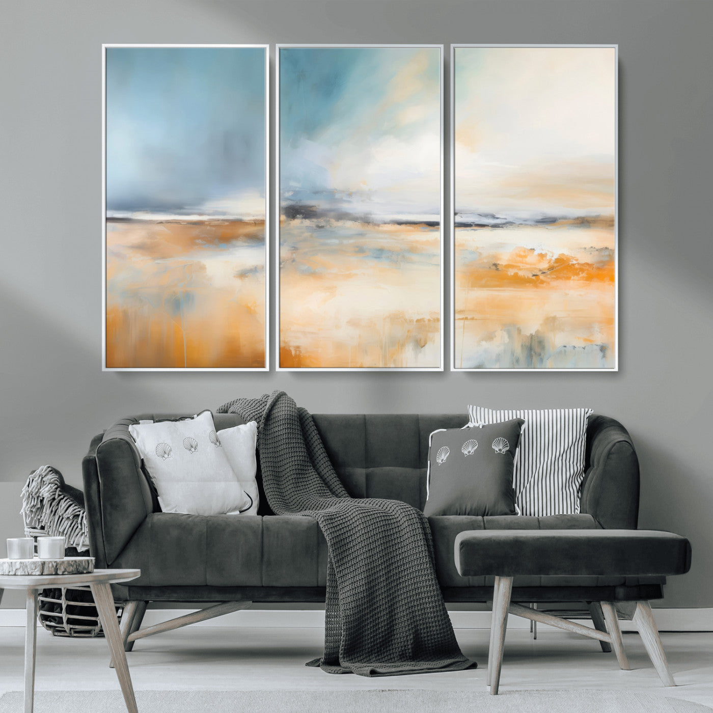 -Abstract Landscape Wall Art Canvas Print - Warm Tones of Orange and Blue, Modern Framed Art for Home