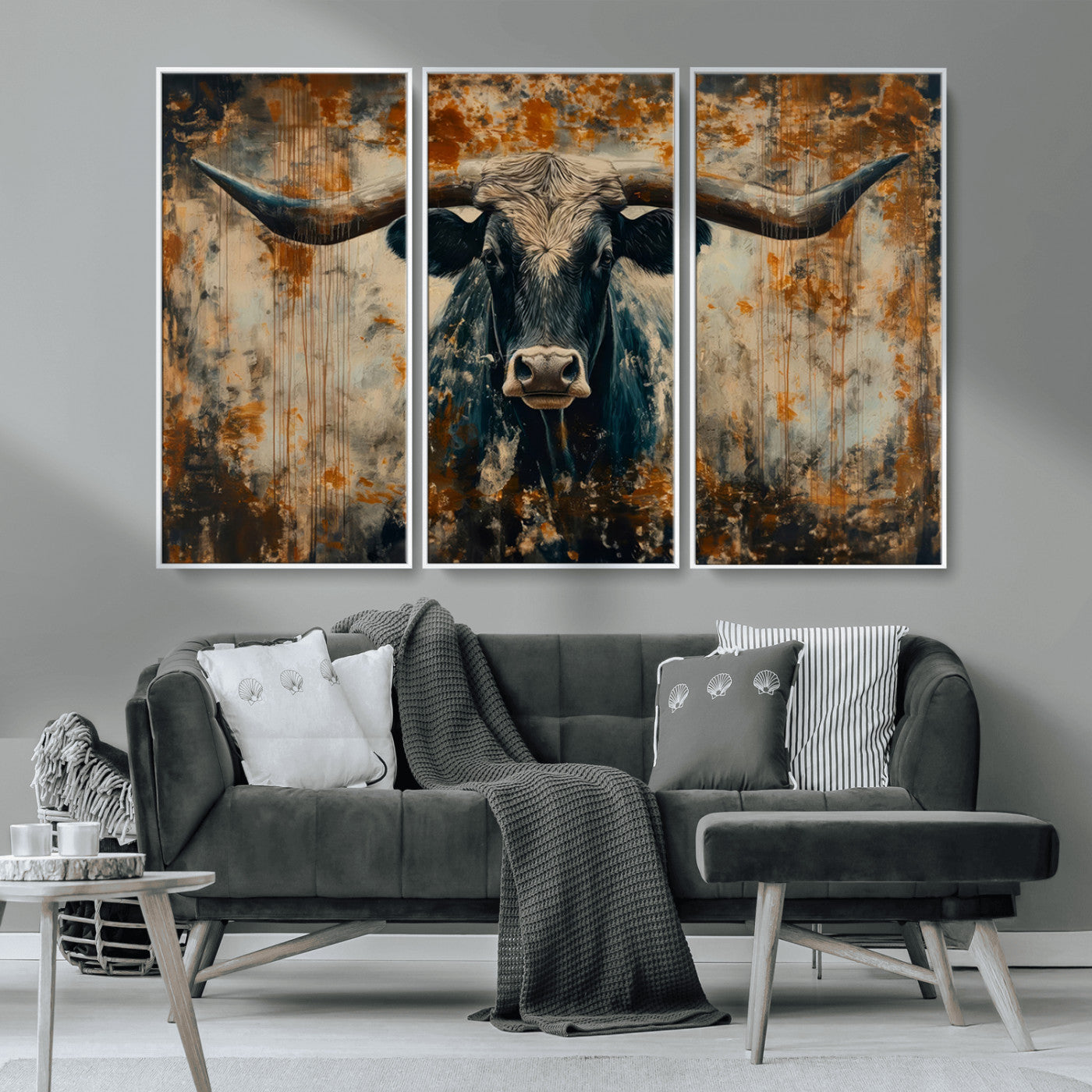 MGV-FC-48X32-3P - Abstract Longhorn Bull Wall Art | Rustic Western Wall Decor | Framed and Ready to Hang | Ideal for