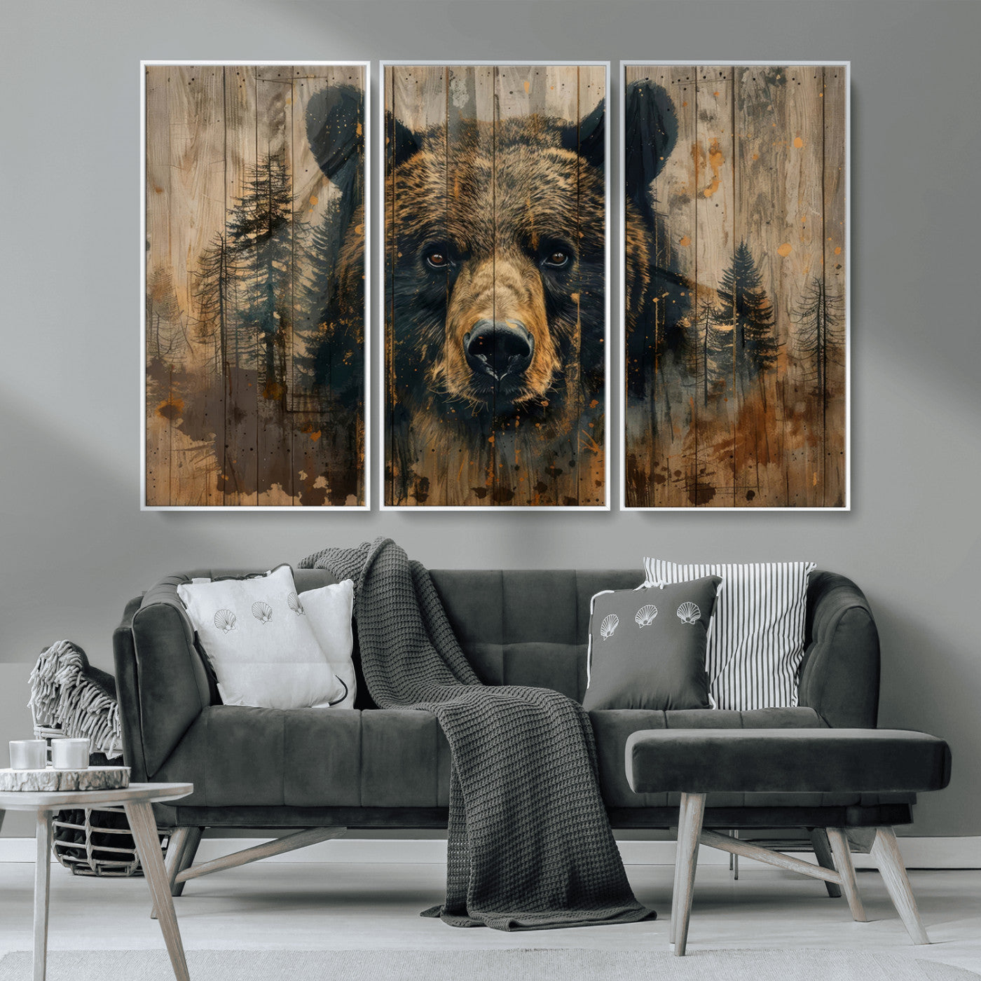 MGV-FC-48X32-3P - Abstract 399 Bear Wall Art | Rustic Cabin Wall Decor with Forest Design | Framed and Ready to Hang |