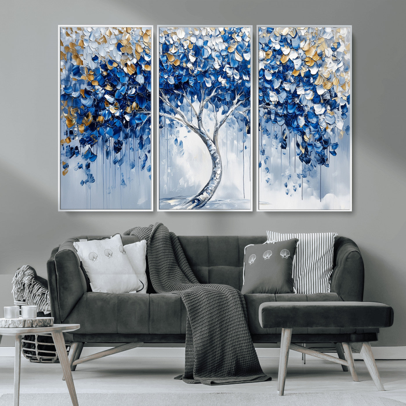 MGV-FC-48X32-3P - Blue and Gold Abstract Tree Wall Art Canvas Print | Modern Tree of Life Painting | Framed Canvas
