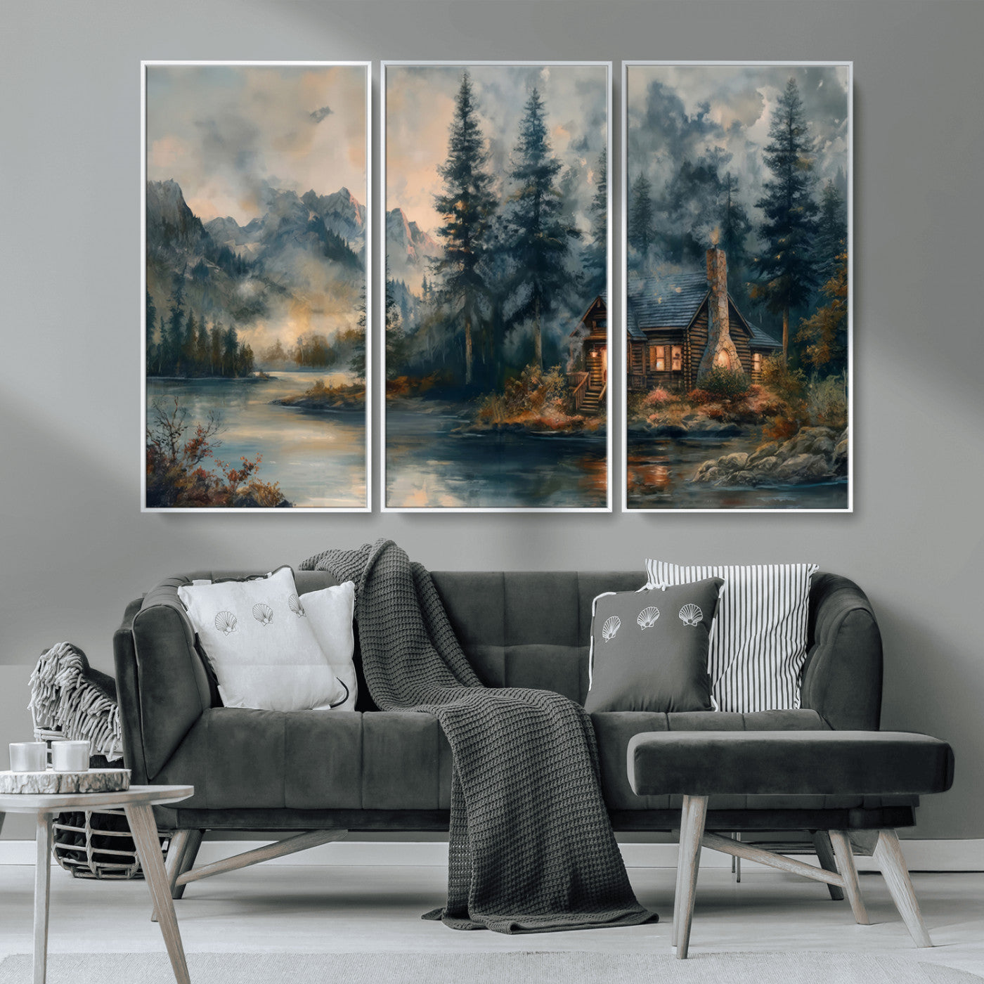 MGV-FC-48X32-3P - Rustic Cabin Woods Wall Art Print | Lake in a Forest Canvas Print | Cabin, Lodge, and Farmhouse