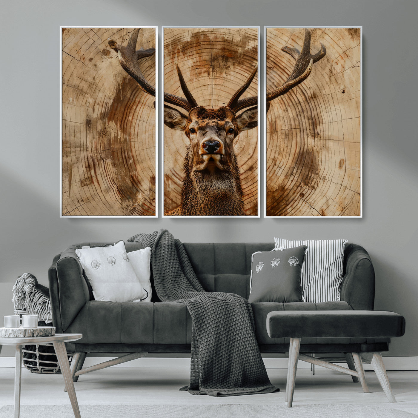 MGV-FC-48X32-3P - Wood Abstract Deer Wall Art | Rustic Wildlife Canvas Print | Ready to Hang Stag Head Triptych for