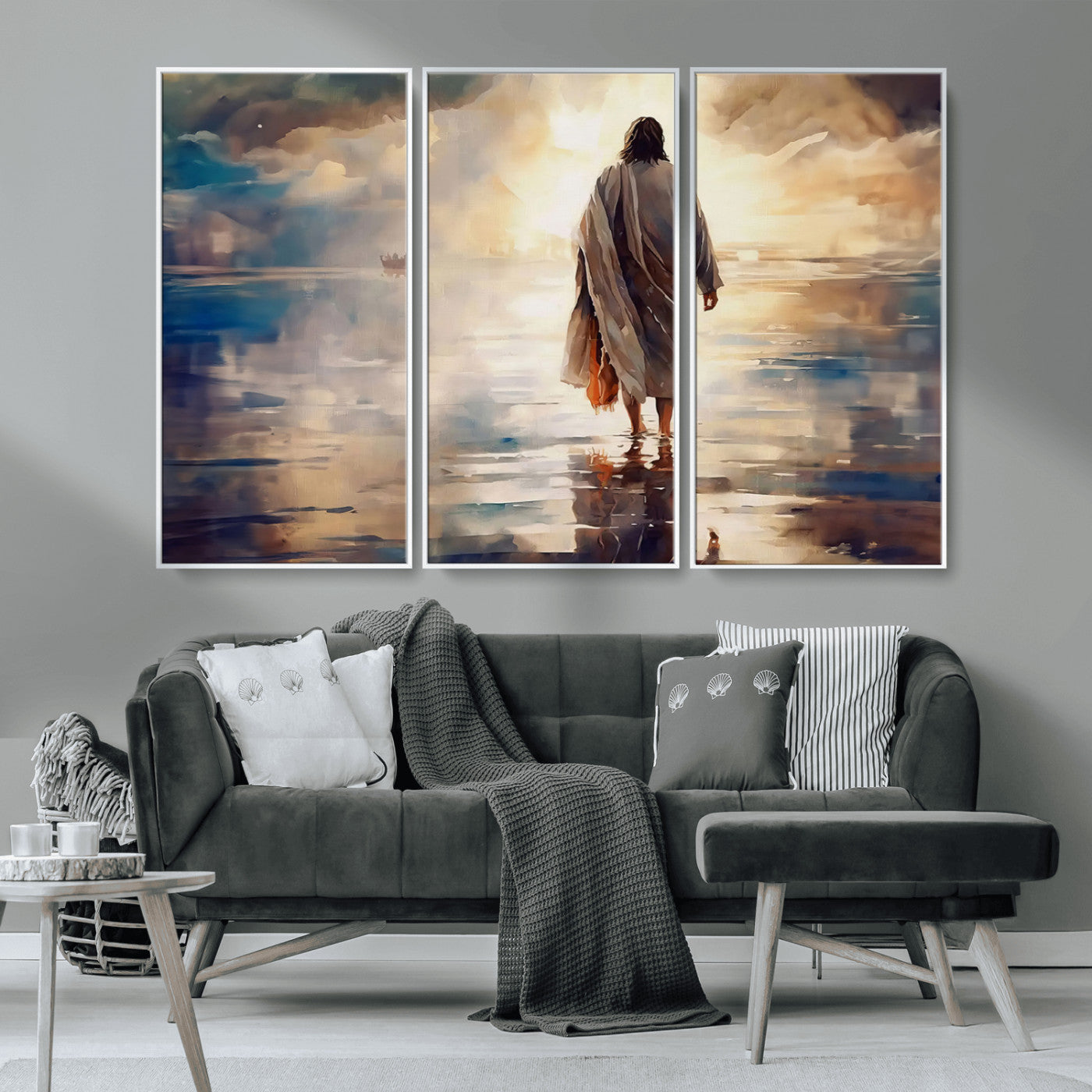 MGV-FC-48X32-3P - Jesus Walking on Water Wall Art | Ready to Hang Spiritual Triptych Canvas Print | Inspirational