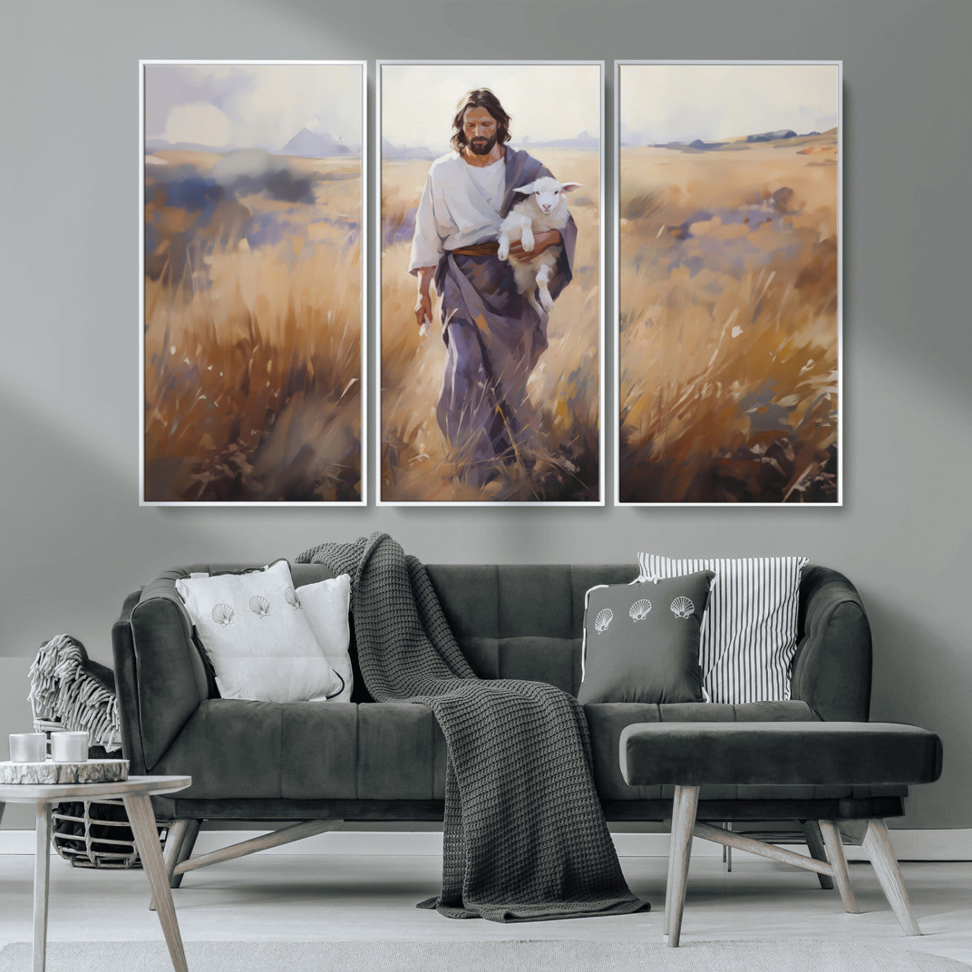 MGV-FC-48X32-3P - Jesus the Good Shepherd Wall Art Canvas Print - Lost Lamb Print for Prayer Room Decor