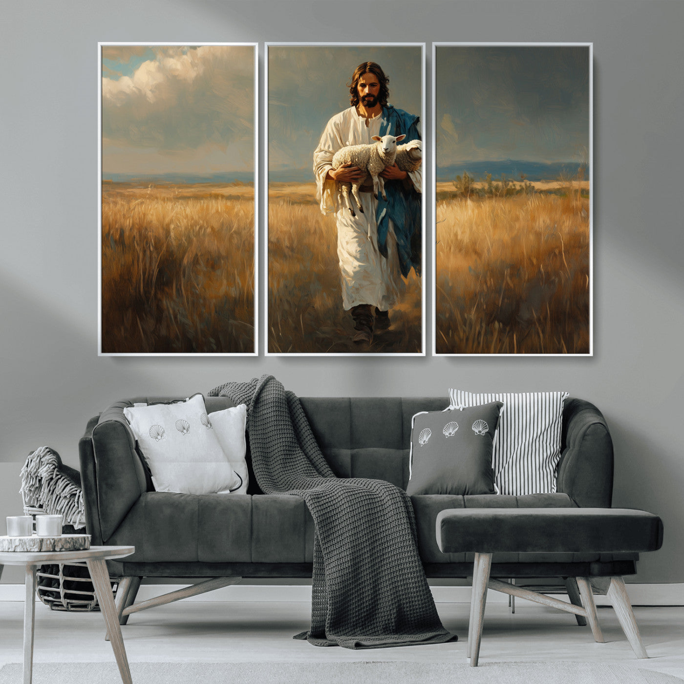 MGV-FC-48X32-3P - Jesus Shepherd Wall Art | Ready to Hang Triptych Canvas of Jesus Holding a Lamb in a Field |