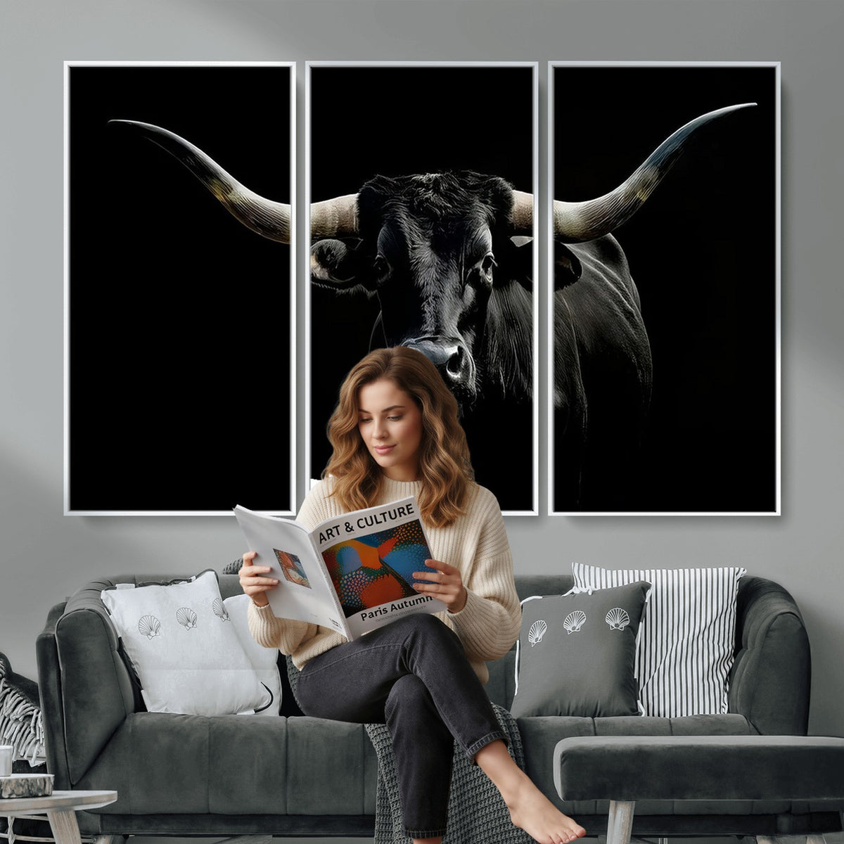 20679-MGV-CV-24X16 - Texas Black Longhorn Bull Wall Art Canvas Print, Western Cattle Rustic Decor