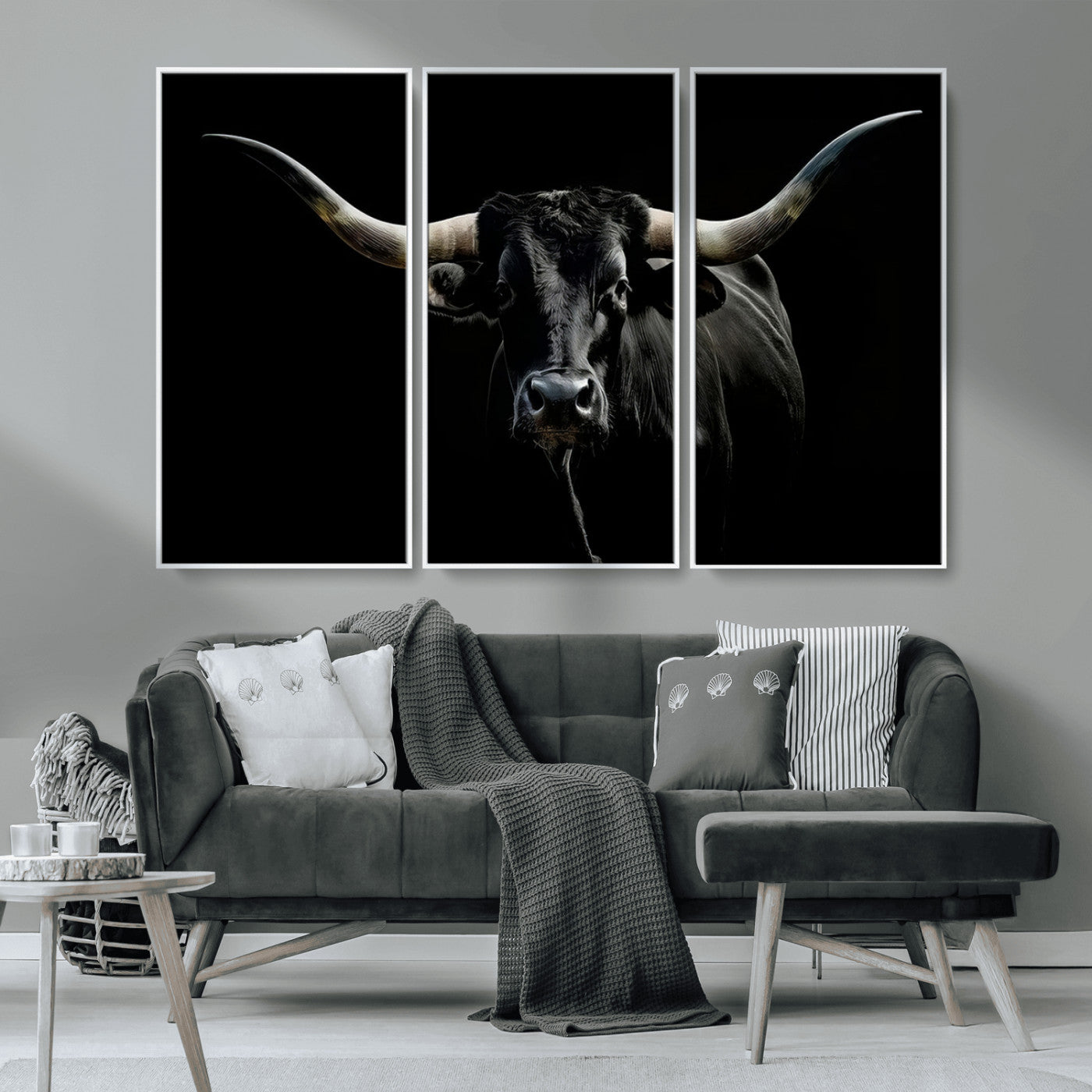 MGV-FC-48X32-3P - Texas Black Longhorn Bull Wall Art Canvas Print - Western Texas Cattle Rustic Decor Print - Longhorn