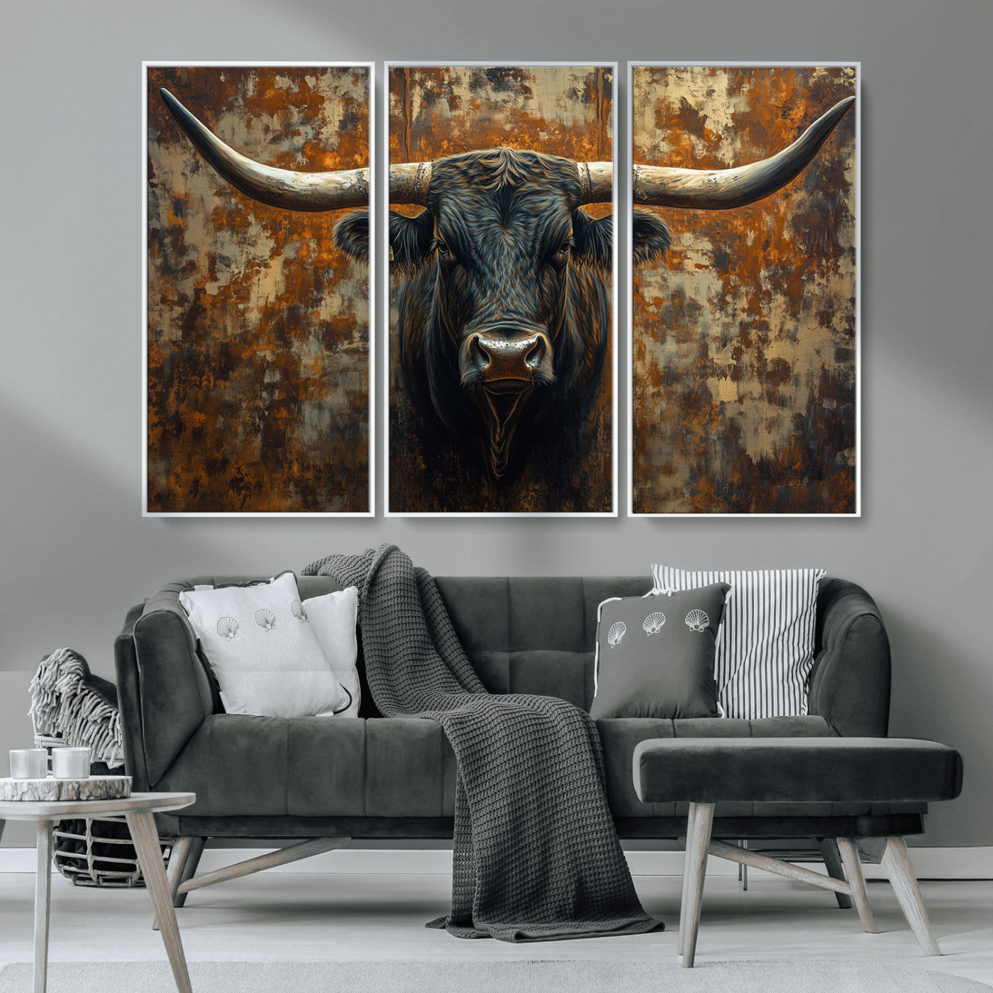 MGV-FC-48X32-3P - Longhorn Texas Cow Bull Wall Art | Rustic Farmhouse Canvas Print | Ready to Hang Barn Decor for
