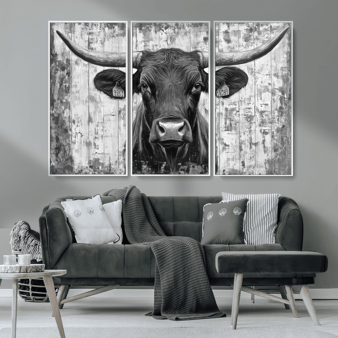MGV-FC-48X32-3P - Abstract Longhorn Bull Wall Art Canvas Print - Rustic Texas Western Cow Artwork