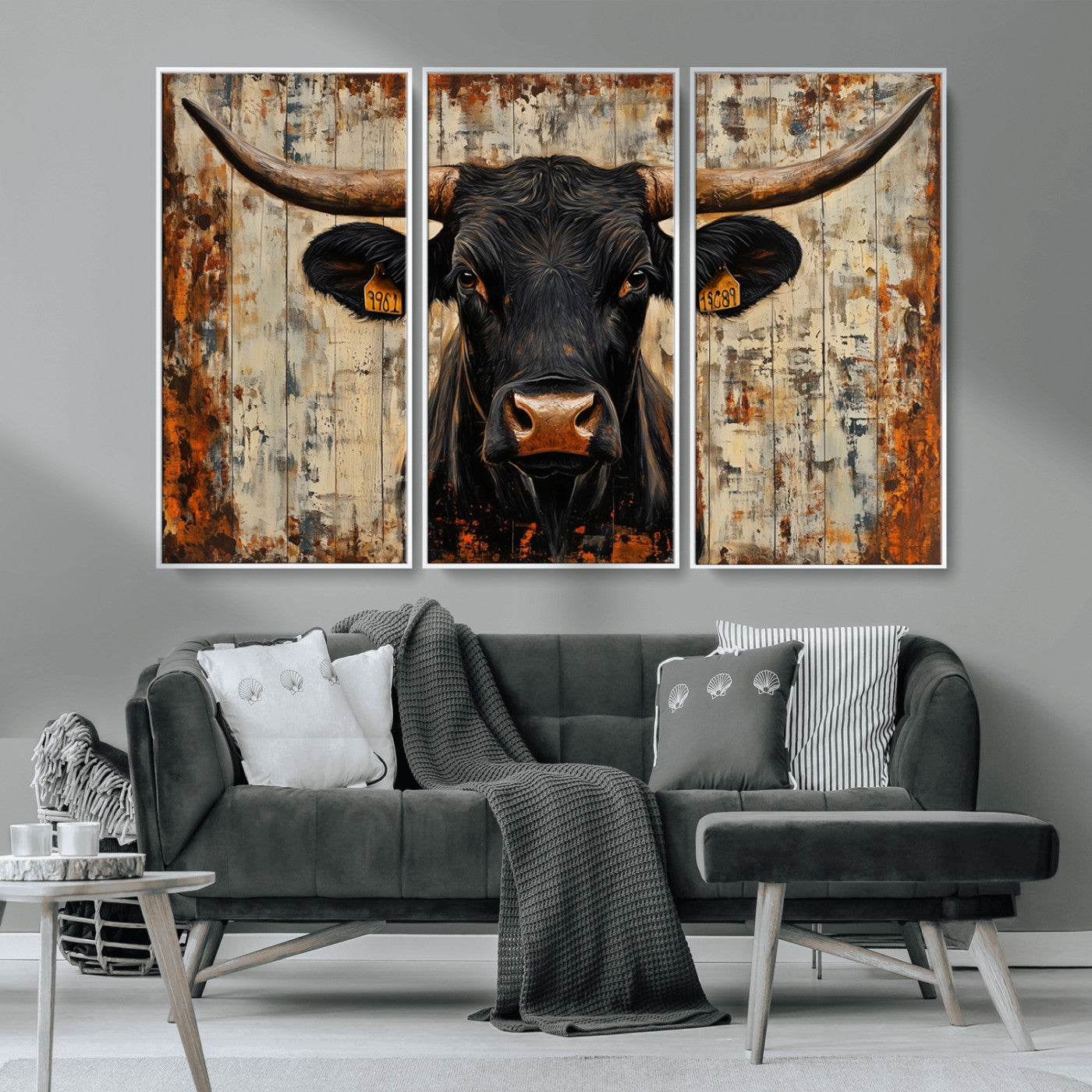 MGV-FC-48X32-3P - Rustic Texas Artwork Wall Art Canvas Print - Abstract Cow Longhorn Bull Wall Art Canvas Print