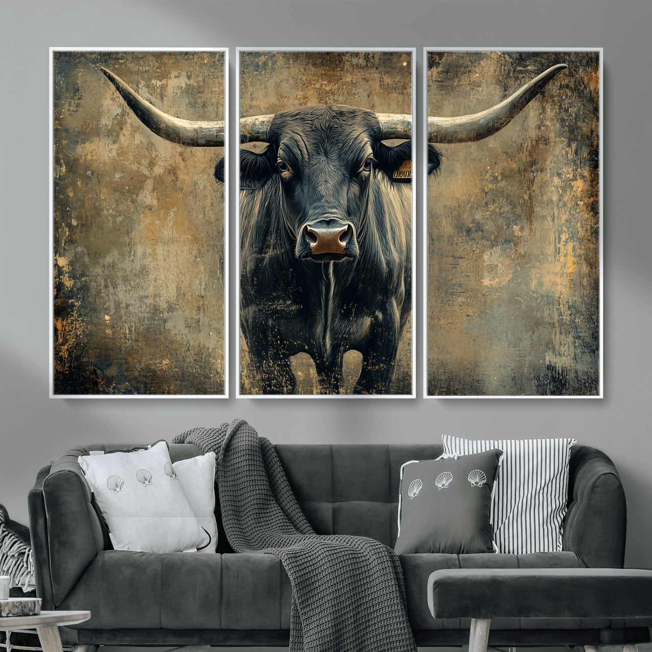 57385-MGV-CV-36X24 - Longhorn Bull Wall Art Canvas Print, Framed Rustic Cow Art Picture Print, Texas Longhorn Perfect Western Decor Artwork