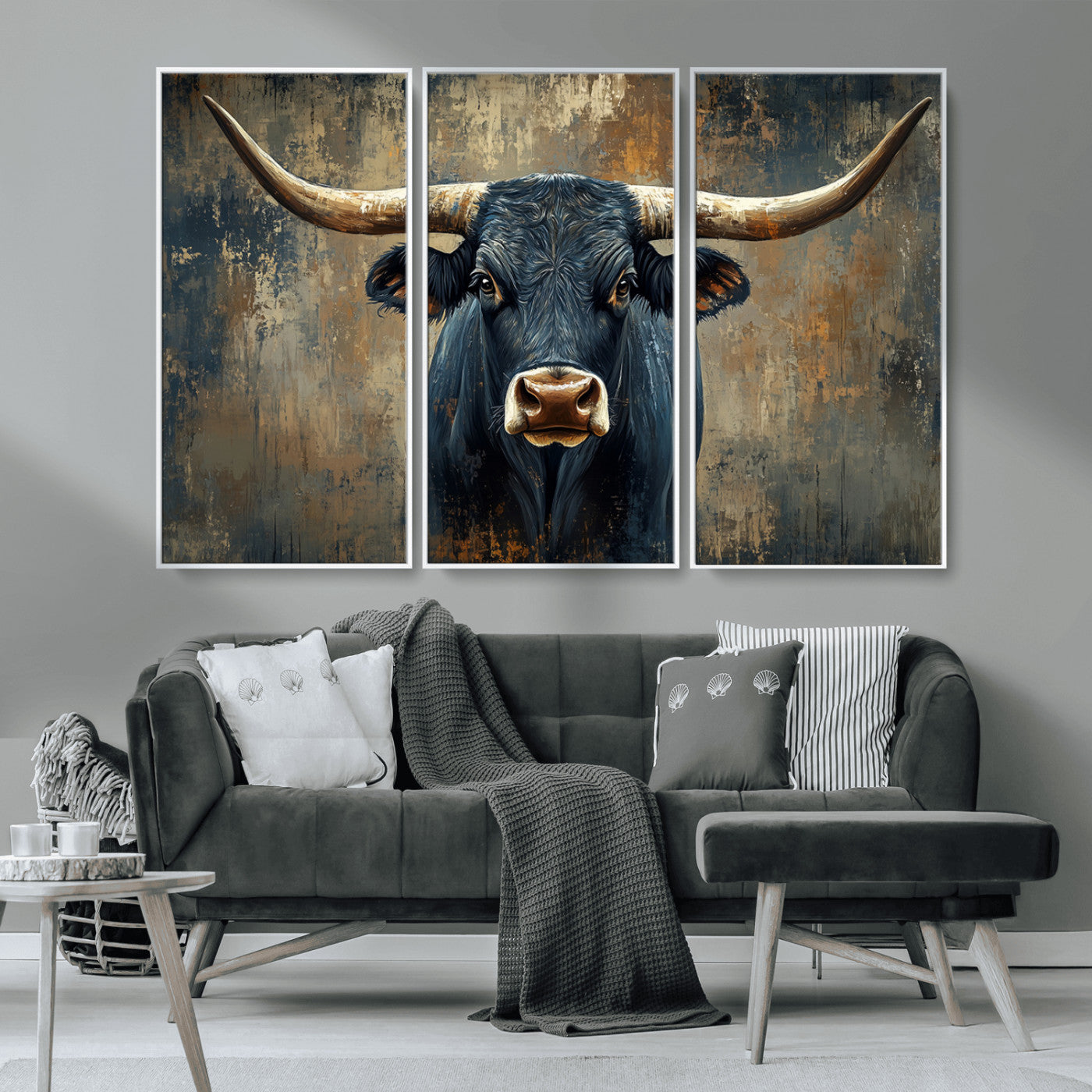 MGV-FC-48X32-3P - Texas Western Wall Art Canvas Print - Abstract Cow Longhorn Bull Wall Art Canvas Print - Rustic Cow