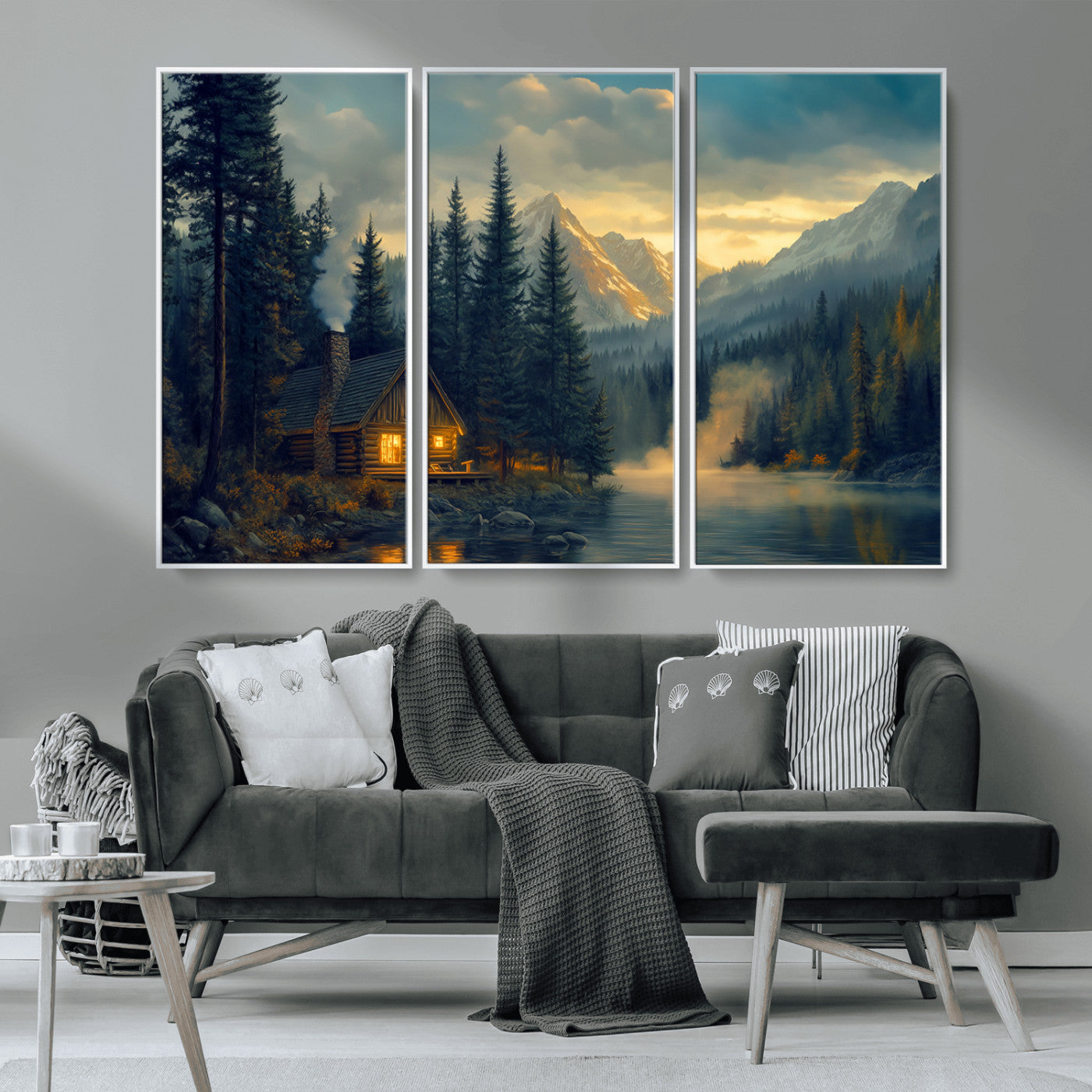 MGV-FC-48X32-3P - Mountain Cabin by the Lake at Sunset Wall Art - Serene Nature Canvas Print for Living Room Decor,