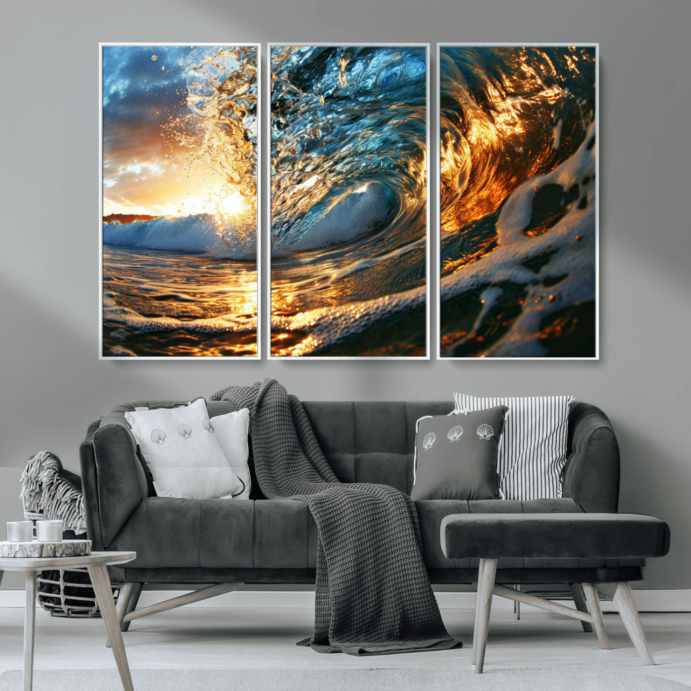 MGV-FC-48X32-3P - Ocean Wave at Sunset Canvas Wall Art – Vibrant Coastal Beach Waves Print, Large Nautical Decor,