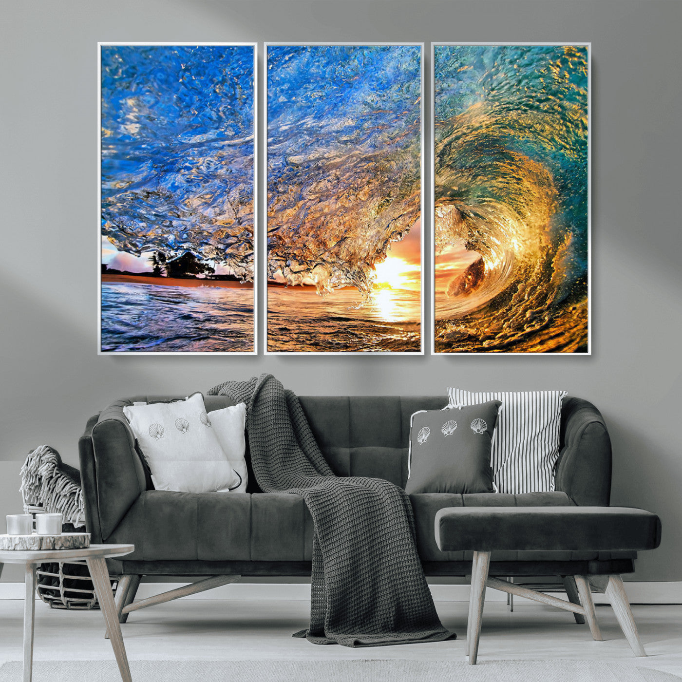 MGV-FC-48X32-3P - Ocean Wave at Sunset Canvas Wall Art – Vibrant Coastal Beach Waves Print, Large Nautical Decor,