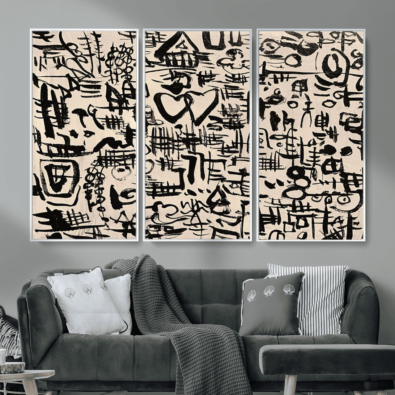 68273-MGV-FC-48X32-3P - Abstract Love and Chaos Canvas Print, Black Symbols on Beige