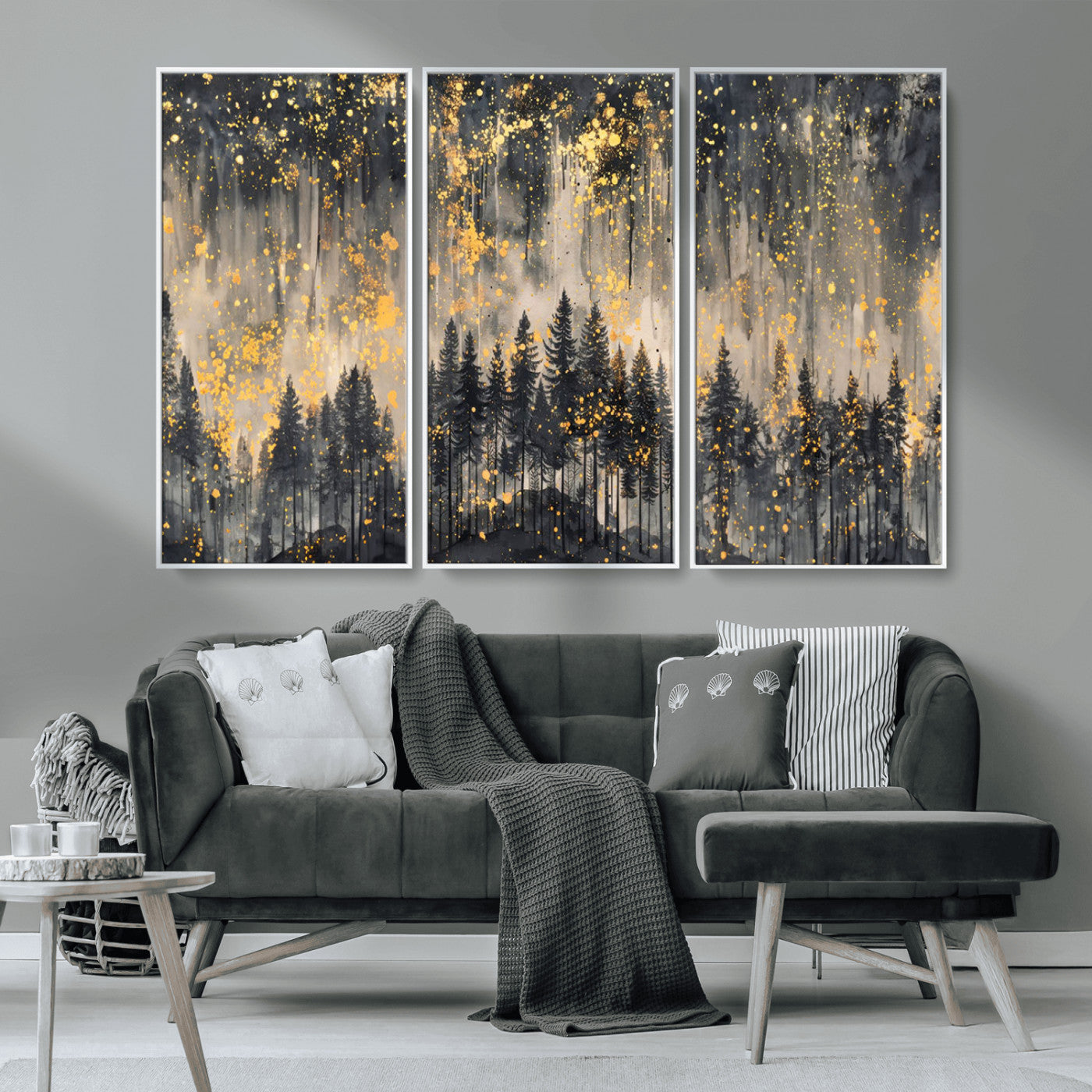 MGV-FC-48X32-3P - Golden Forest Abstract Wall Art | Dark Forest with Gold Splatter Accents | Triptych Ready to Hang