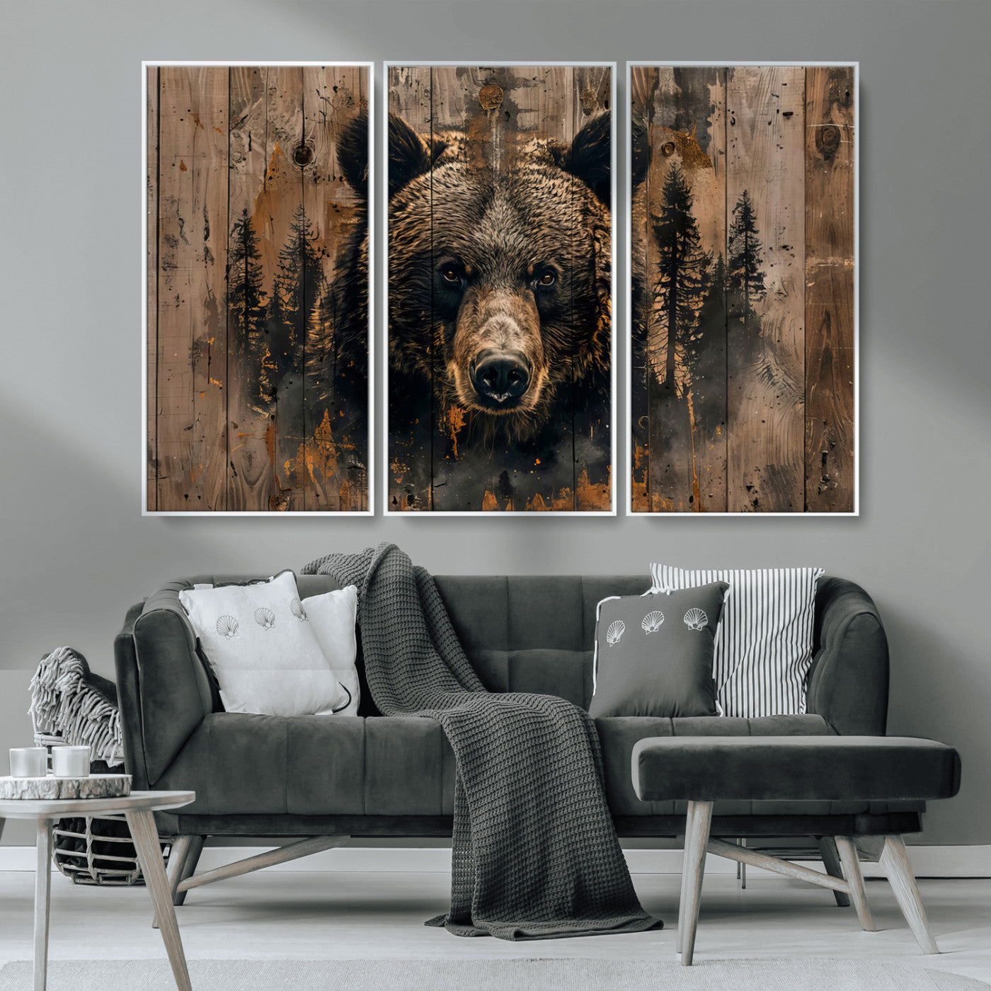 MGV-FC-48X32-3P - Rustic Grizzly 399 Wall Art | Triptych Canvas Print | Rustic Cabin Wall Decor | Perfect for