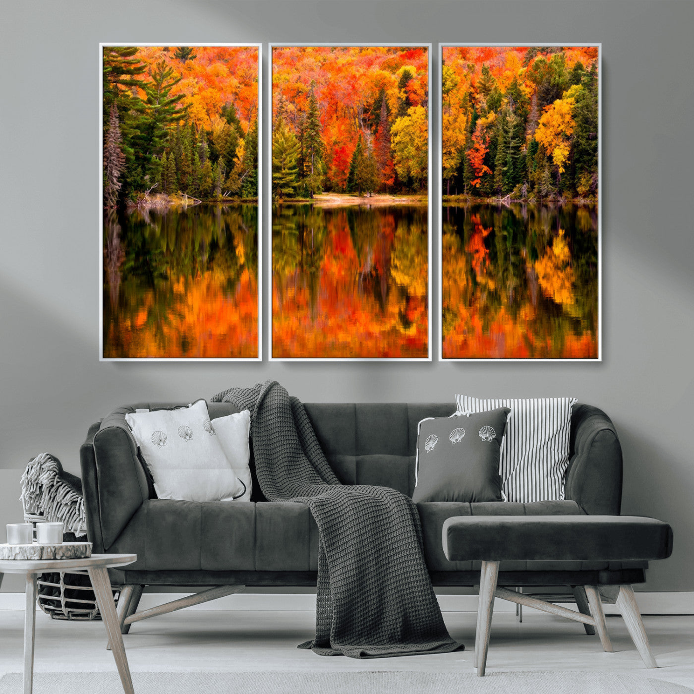 MGV-FC-48X32-3P - Forest Reflection Art | Autumn Forest Reflection Wall Art | Triptych Canvas Print | Vibrant Fall