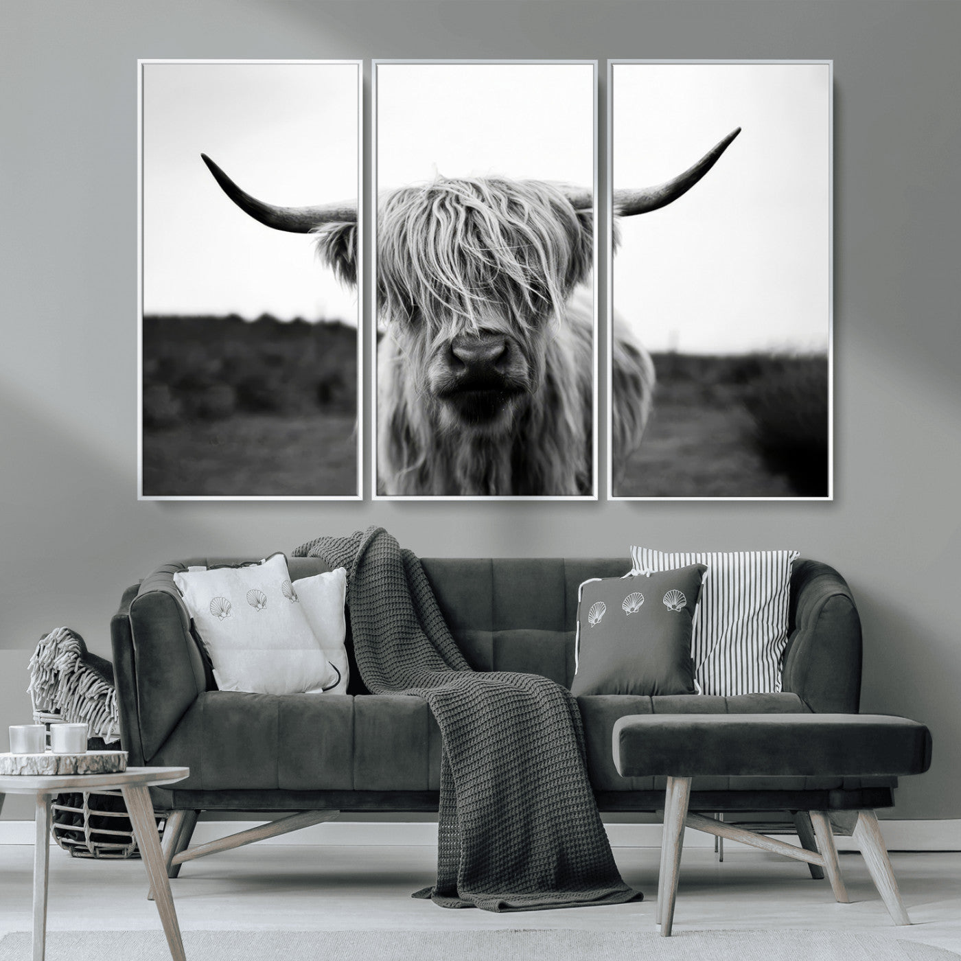 MGV-FC-48X32-3P - Highland Cow Wall Art | Black and White Farmhouse Decor | Triptych Canvas Print | Rustic Barn Decor