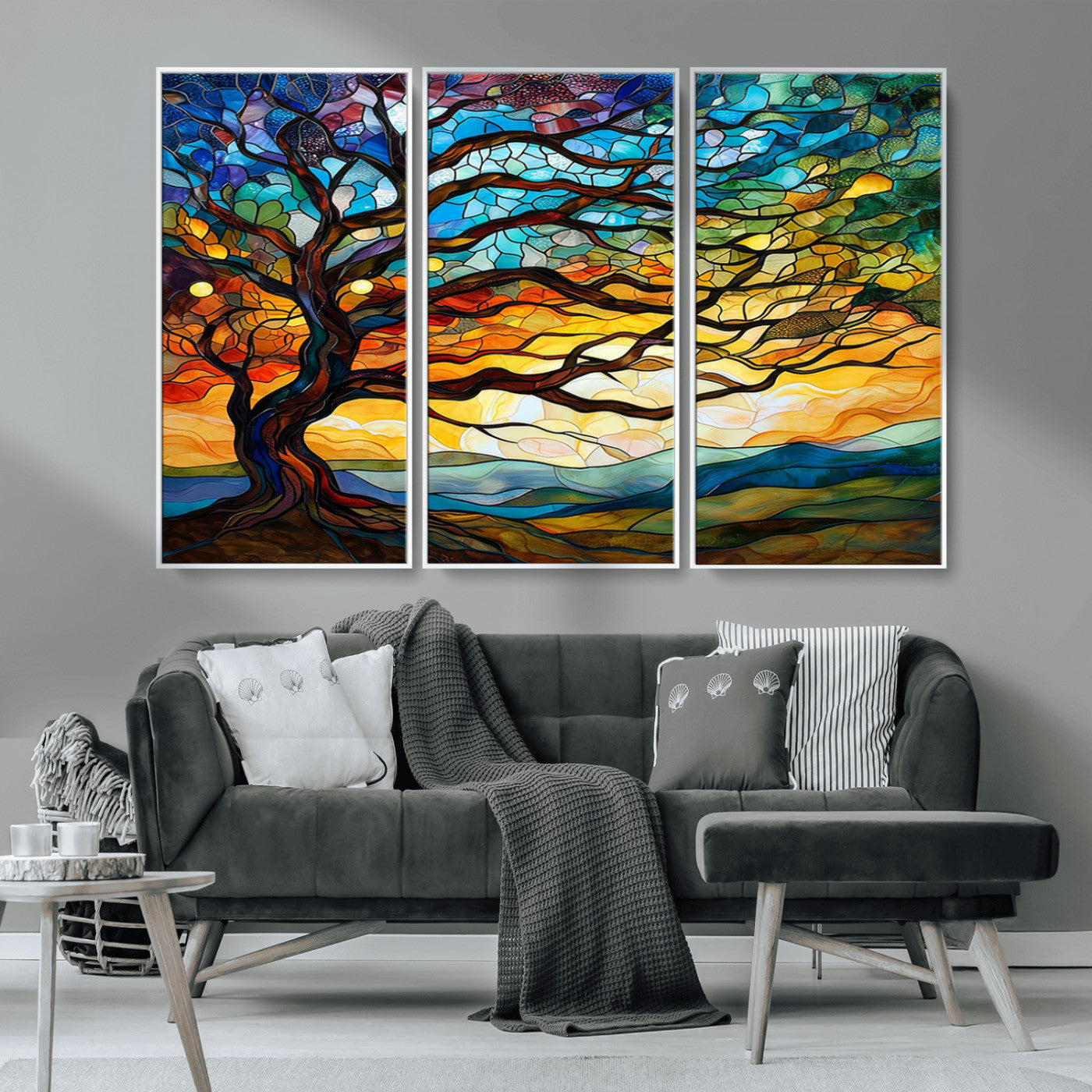 MGV-FC-48X32-3P - Mosaic Tree Wall Art | Ready to Hang Stained Glass Style Canvas Print | Farmhouse Wall Decor, Cabin