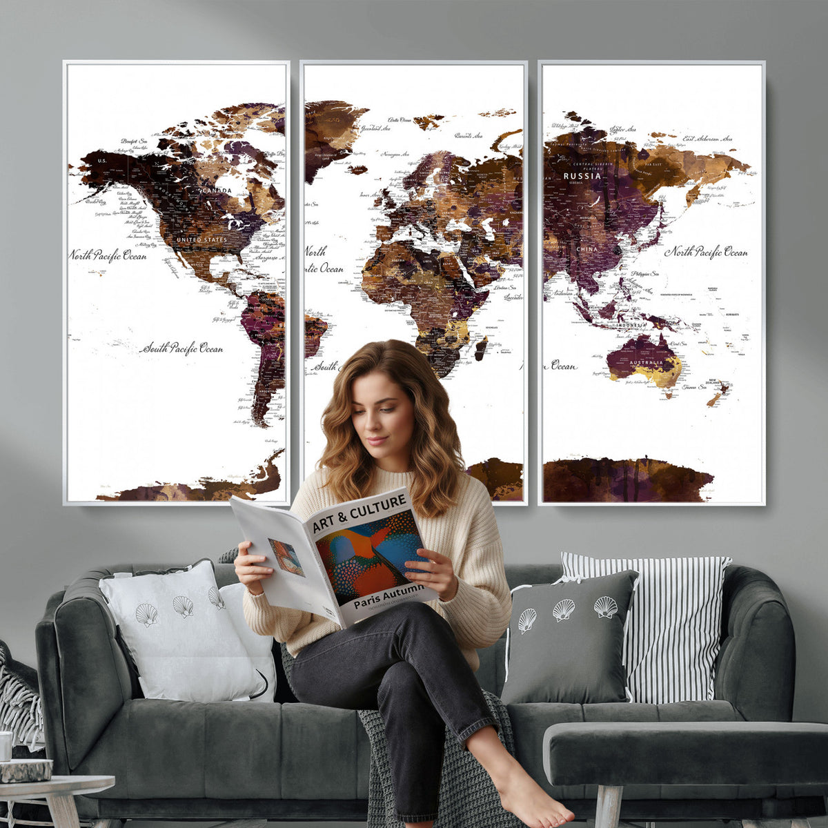 50611-PAN-FL-20X10 - World Map Canvas Print | Detailed Map of the World Wall Art