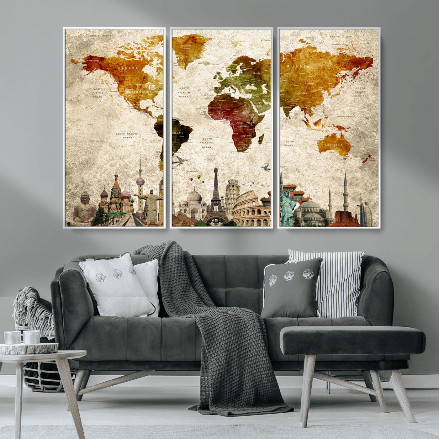 MGV-FC-48X32-3P - Push Pin World Map Canvas Print – Framed Wall Art for Couples to Track Their Travels – Anniversary