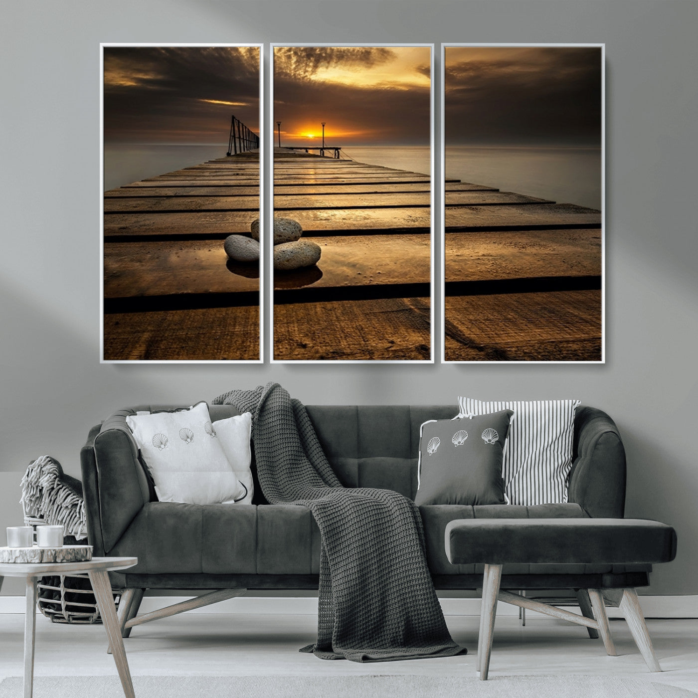 MGV-FC-48X32-3P - Stones on Wooden Pier at Sunset Canvas Print, Serene Coastal Wall Art, Beach Sunset Photography,