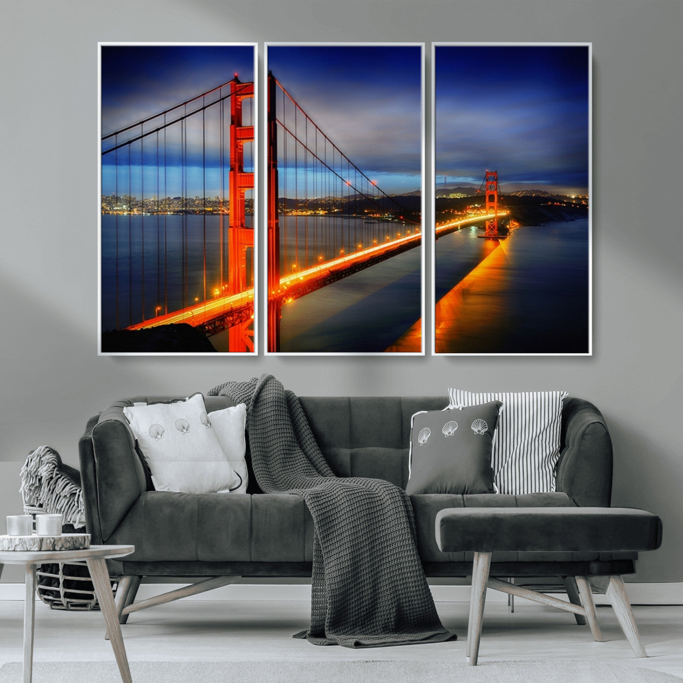 MGV-FC-48X32-3P - Large Wall Art San Francisco Canvas Print - Wonderful Golden Gate Bridge at Twilight