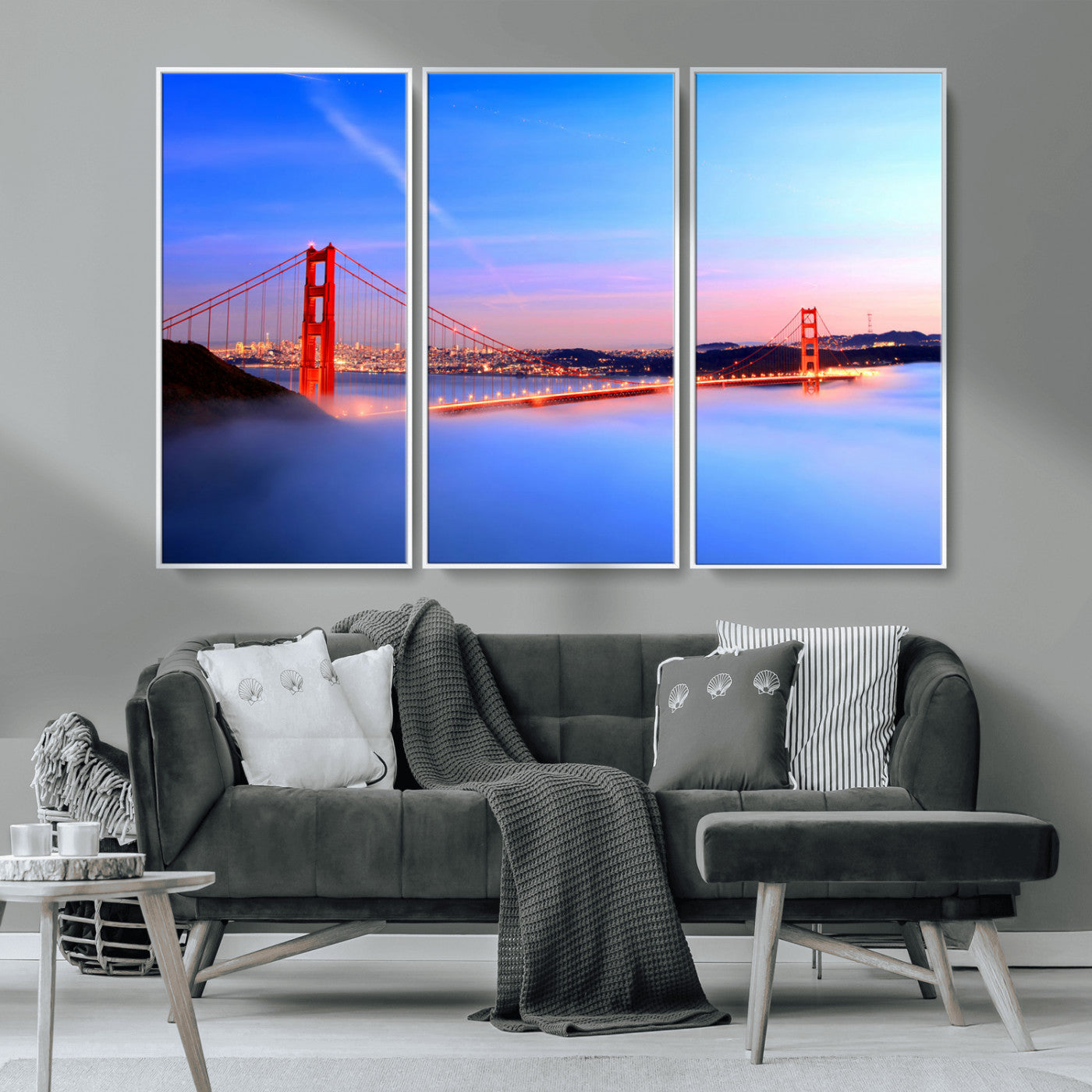 MGV-FC-48X32-3P - Golden Gate Bridge Wall Art Print, San Francisco Sunset Canvas Wall Art, Cityscape Canvas Print for