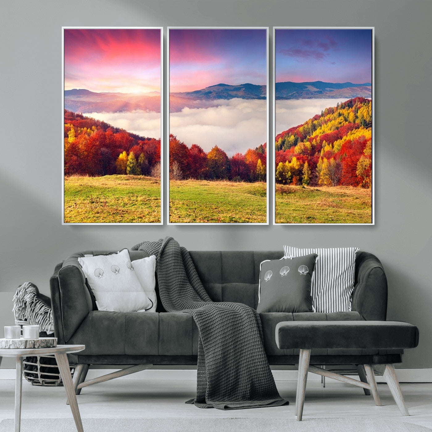 MGV-FC-48X32-3P - Autumn Mountain Foggy Landscape Wall Art Canvas Print | Beautiful Forest Canvas Print | Misty