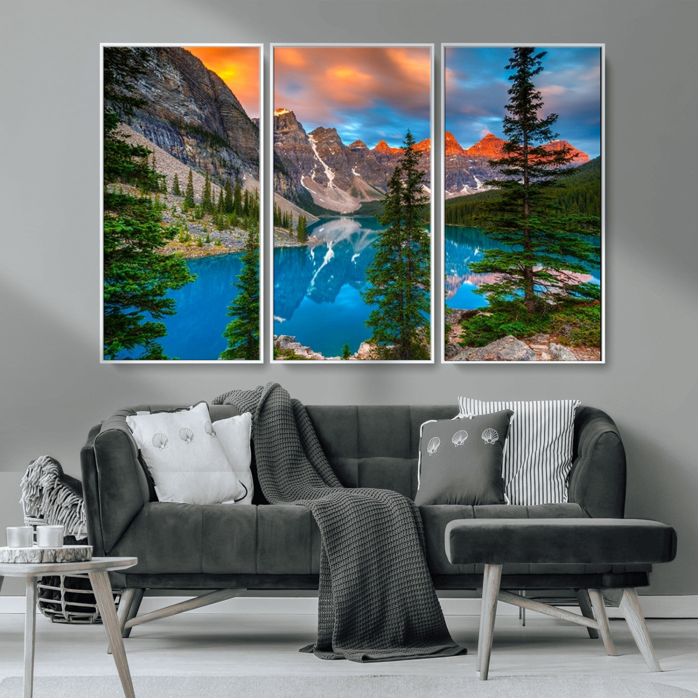 MGV-FC-48X32-3P - Canadian Rockies Moraine Lake Wall Art Canvas Print, Pine Trees Mountain Spring Canvas Print