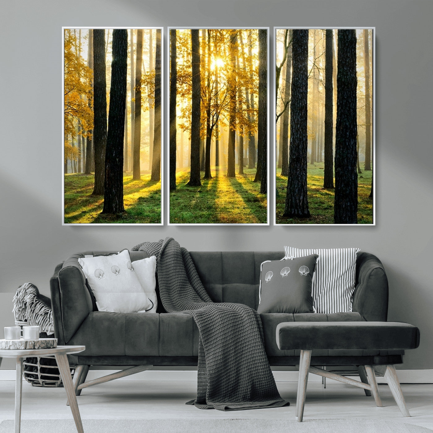 MGV-FC-48X32-3P - Sunlit Forest Wall Art Canvas Print - Large Framed Woodland Wall Art for Home or Office Decor,