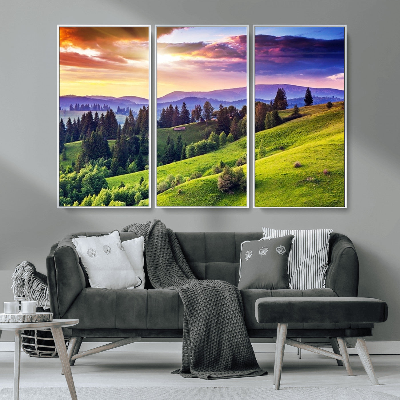 MGV-FC-48X32-3P - Green Hills and Sunset Wall Art Print - Scenic Landscape with Lush Greenery and Vibrant Sky, Ready