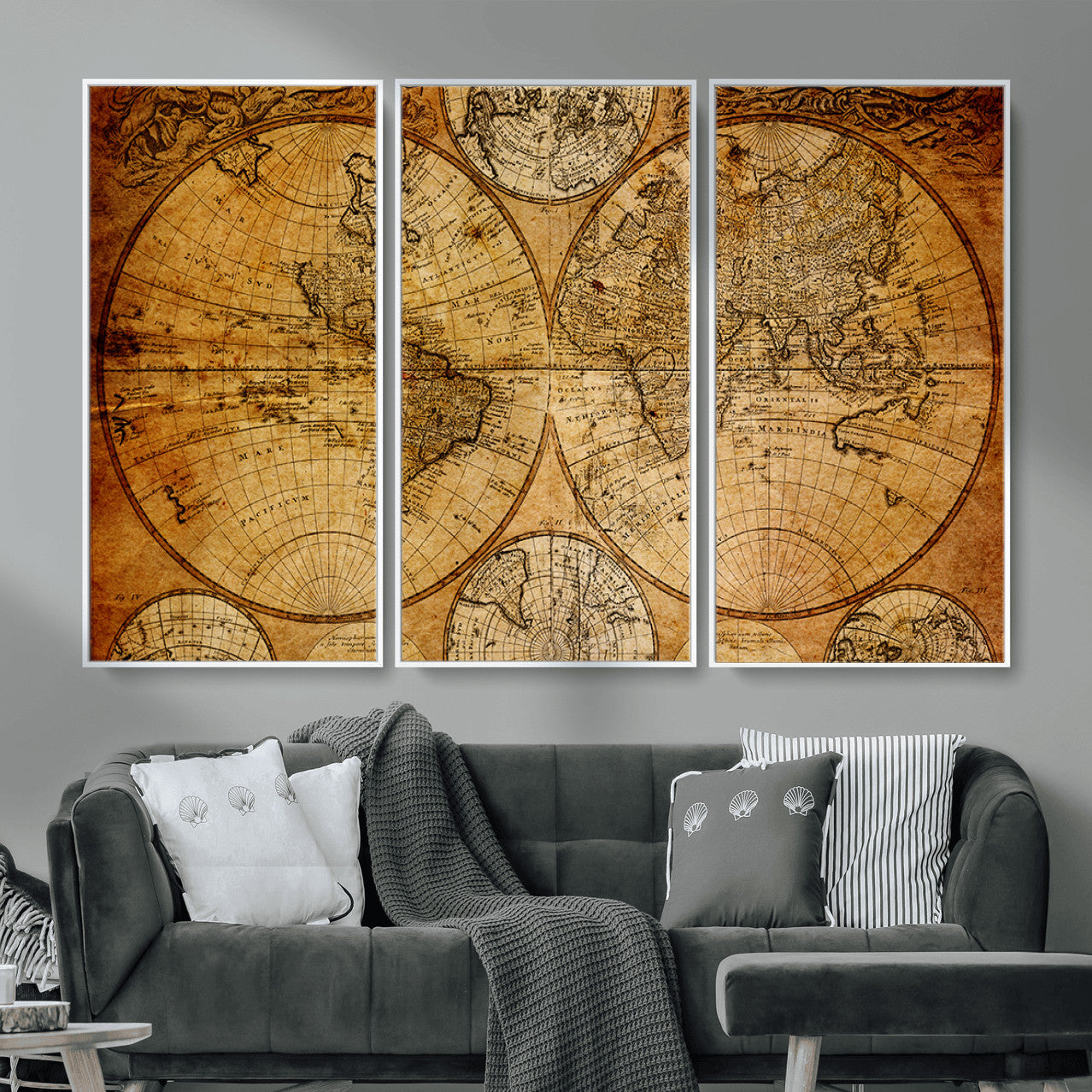 25517-MGV-FC-48X32-3P - Vintage World Map Canvas Print – Antique Push Pin Travel Map, Framed Wall Art for Home or Office Decor