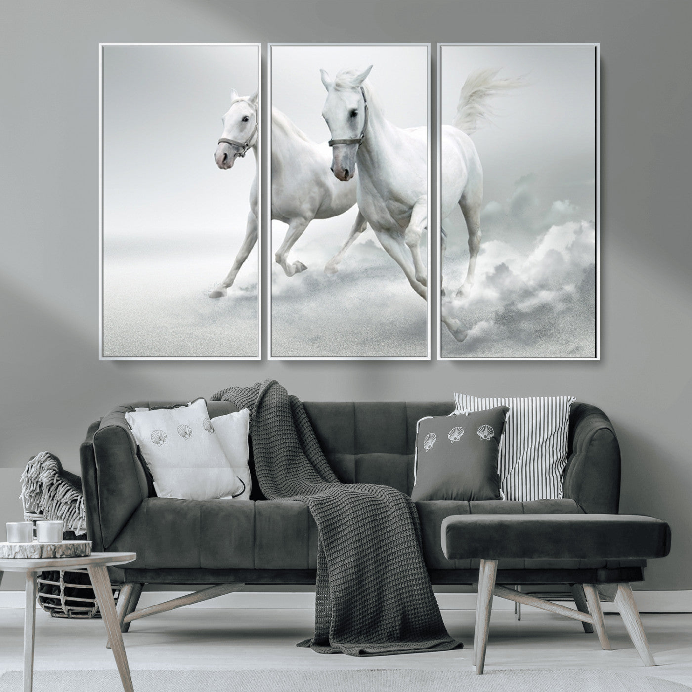 MGV-FC-48X32-3P - Large Wall Art Animal Canvas Print - Beautiful Running White Horses