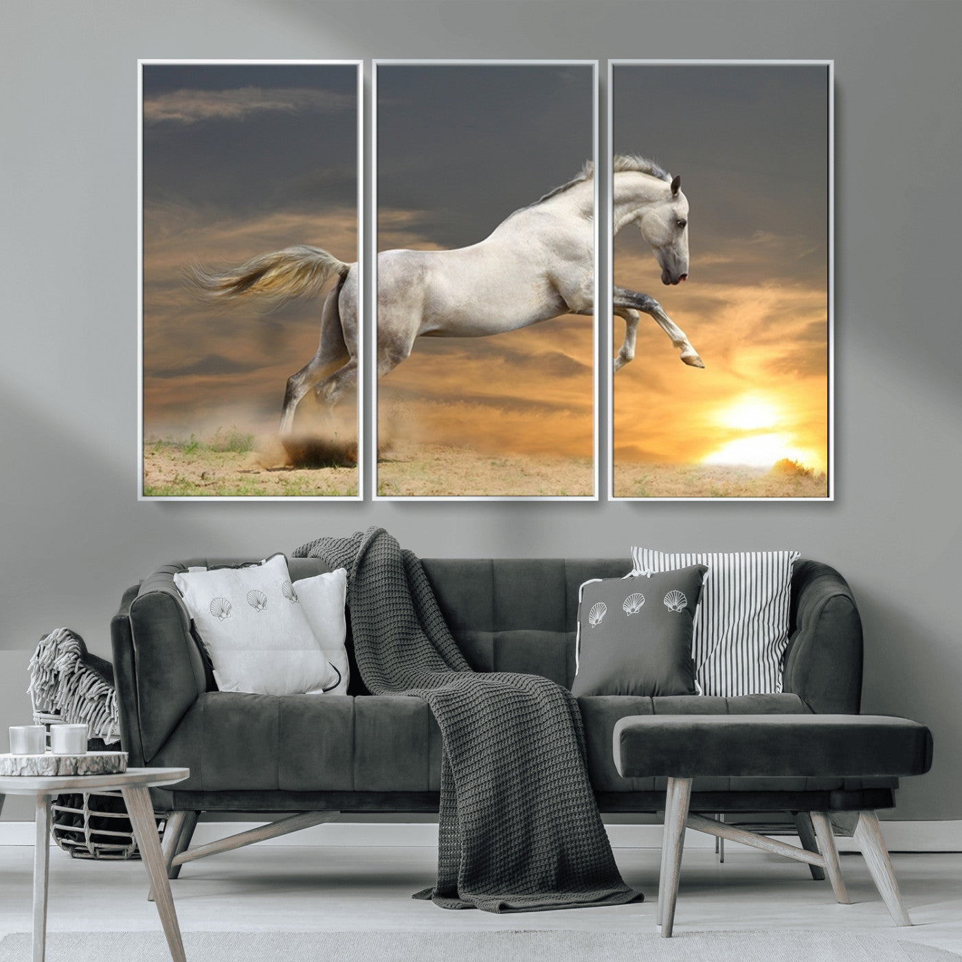 MGV-FC-48X32-3P - Large Wall Art Animal Canvas Print - White Jumping Horse at Sunset