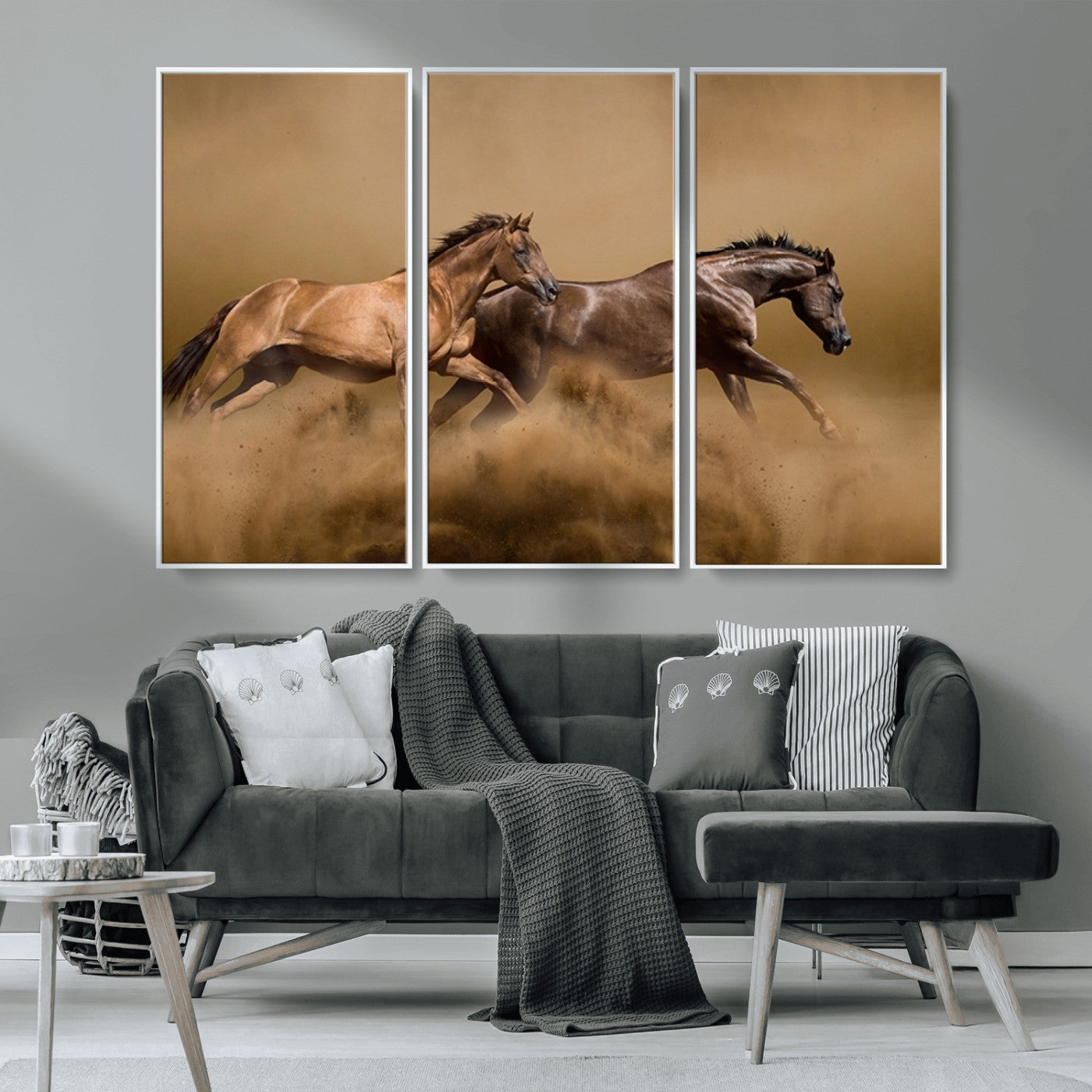 MGV-FC-48X32-3P - Large Wall Art Animal Canvas Print - Two Running Brown Horses