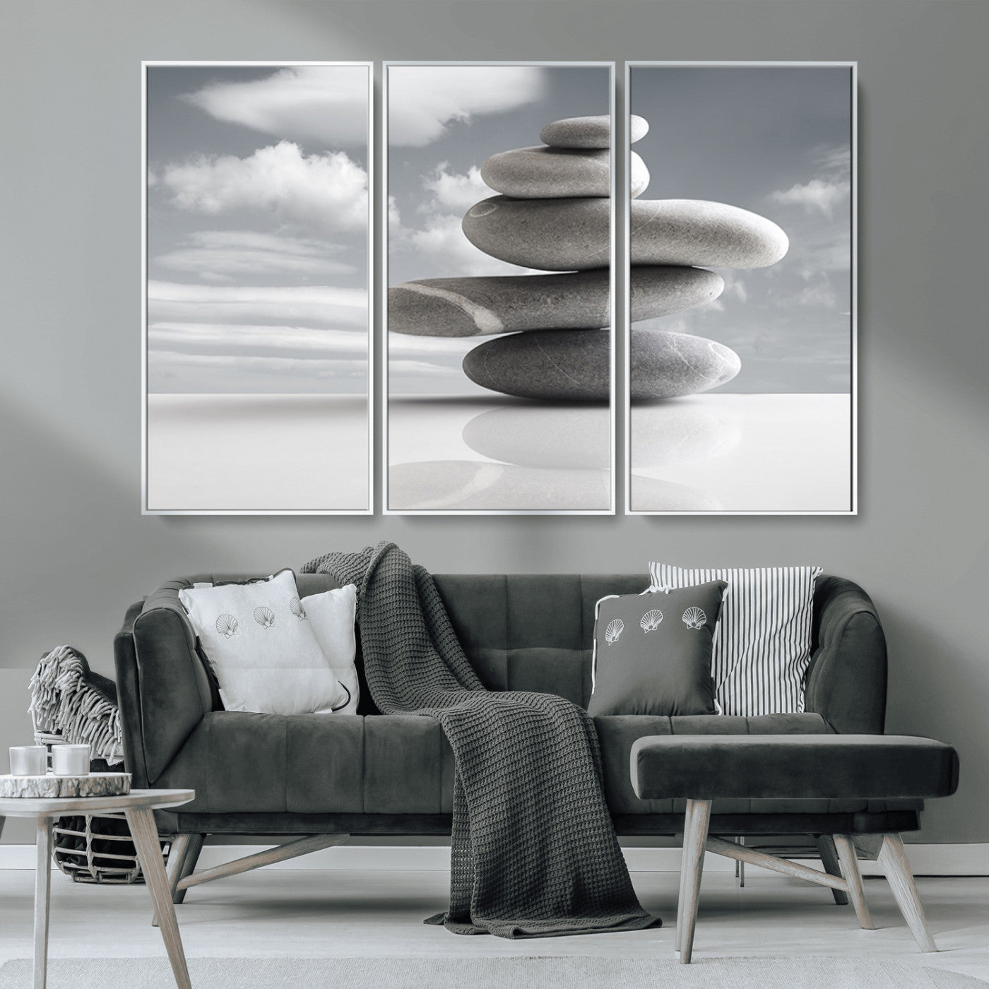 MGV-FC-48X32-3P - Still Life Black and White Zen Stones Wall Art Canvas, Framed Black and White Zen Stones Canvas