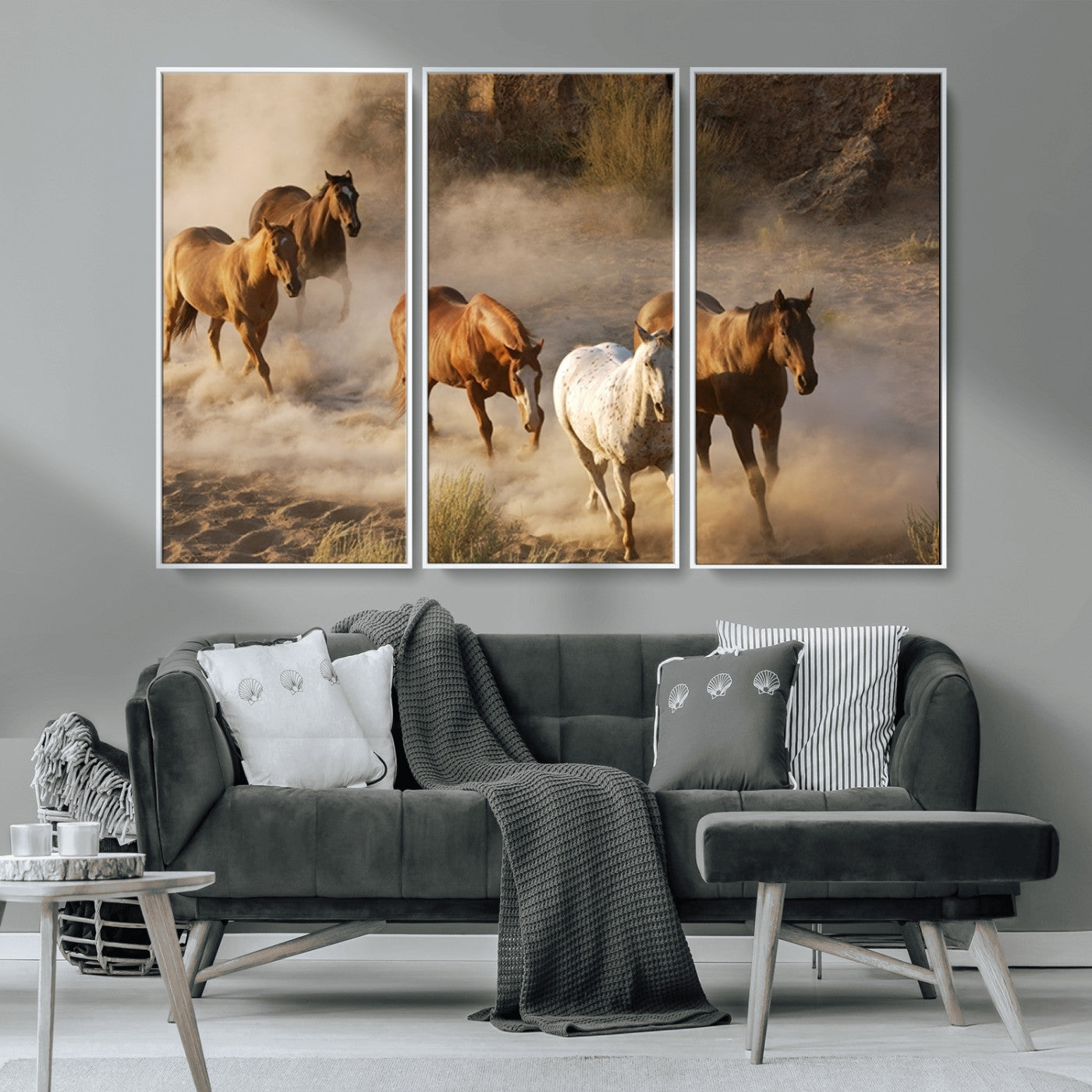 MGV-FC-48X32-3P - Large Wall Art 5 Horses Running on Sand Canvas Print