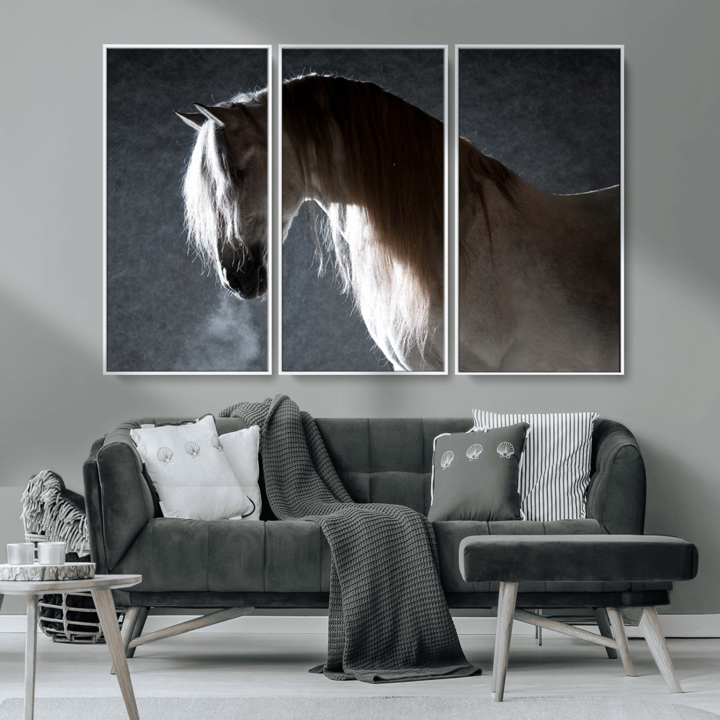 MGV-FC-48X32-3P - Large Wall Art Cream Colored Horse on Grey Background Canvas Print