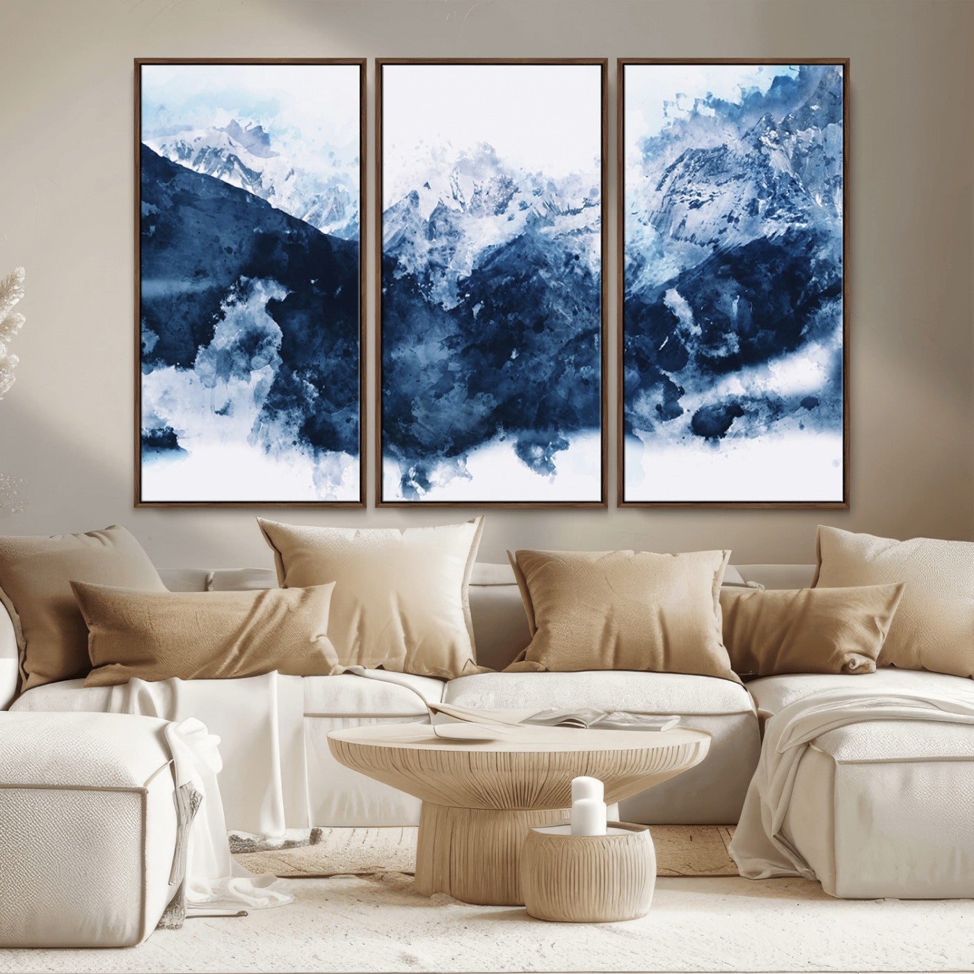 81700-MGV-CV-36X24-Abstract Blue Mountain Canvas Wall Art – Modern Triptych Landscape Print – Contemporary Nature Decor for Living Room or Office – Ready to