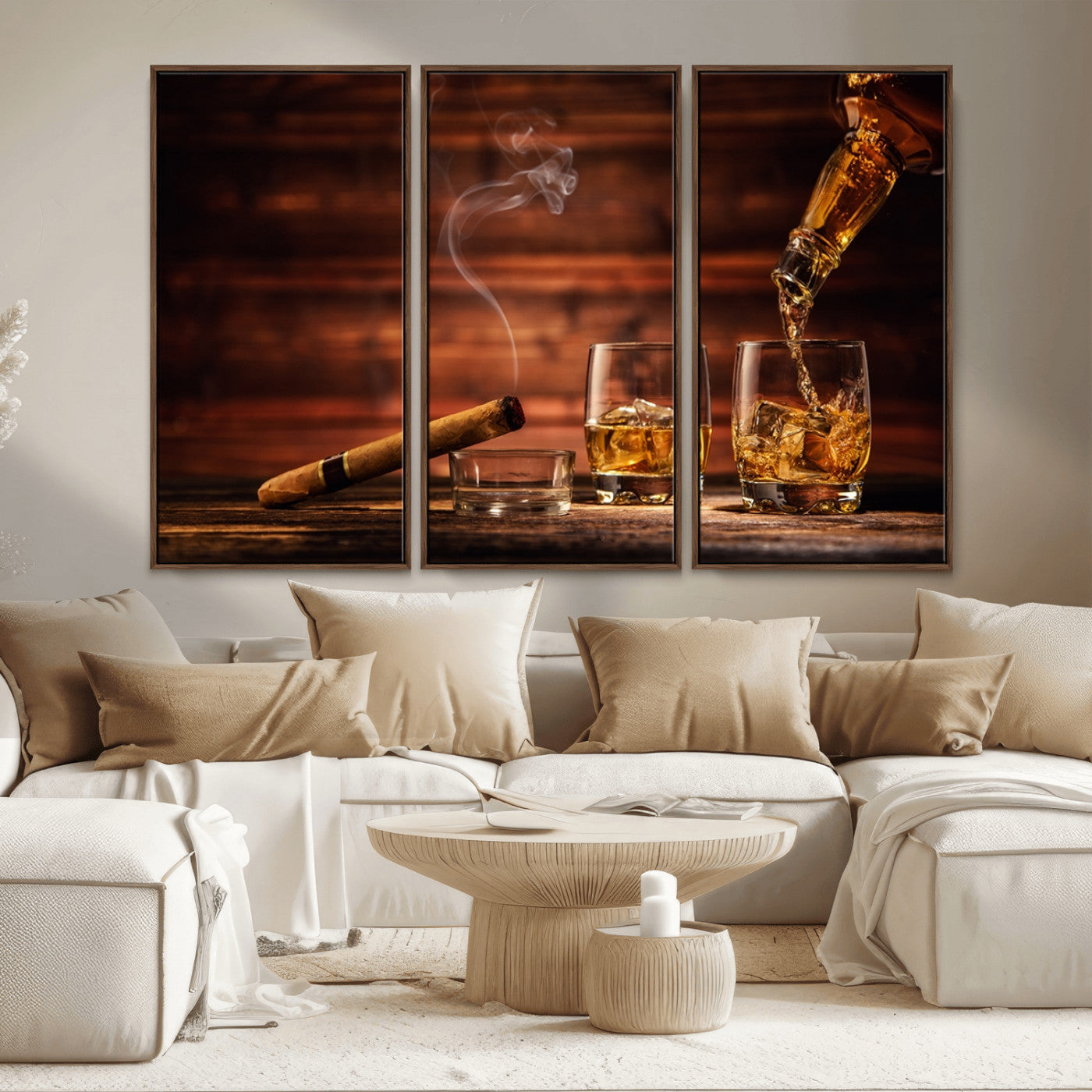 MGV-FC-48X32-3P - Whiskey and Cigar Wall Art Canvas | 3 Panel Bar Room Decor for Home Lounge, Office, or Man Cave |