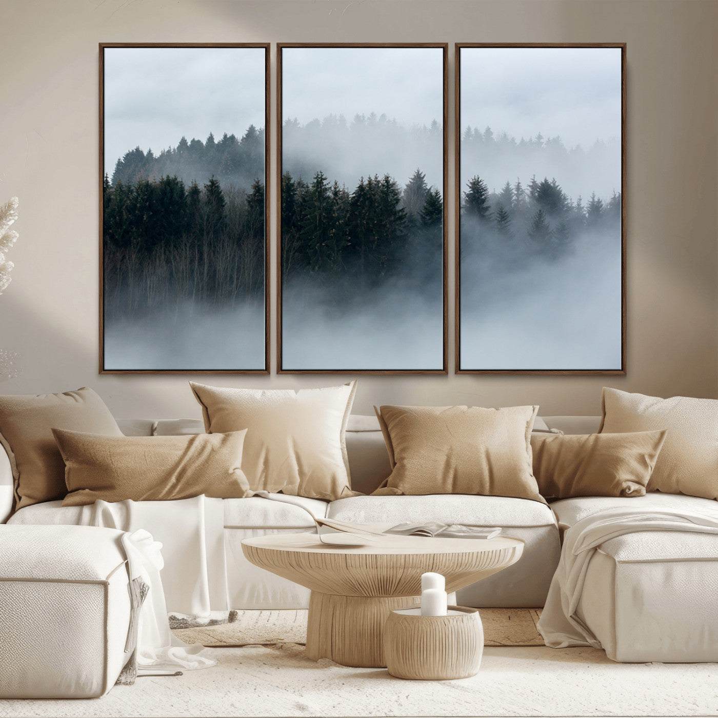 MGV-FC-48X32-3P - Autumn and Misty Trees in the Forest Wall Art Canvas Print, Foggy Forest Mountain Wall Art Canvas