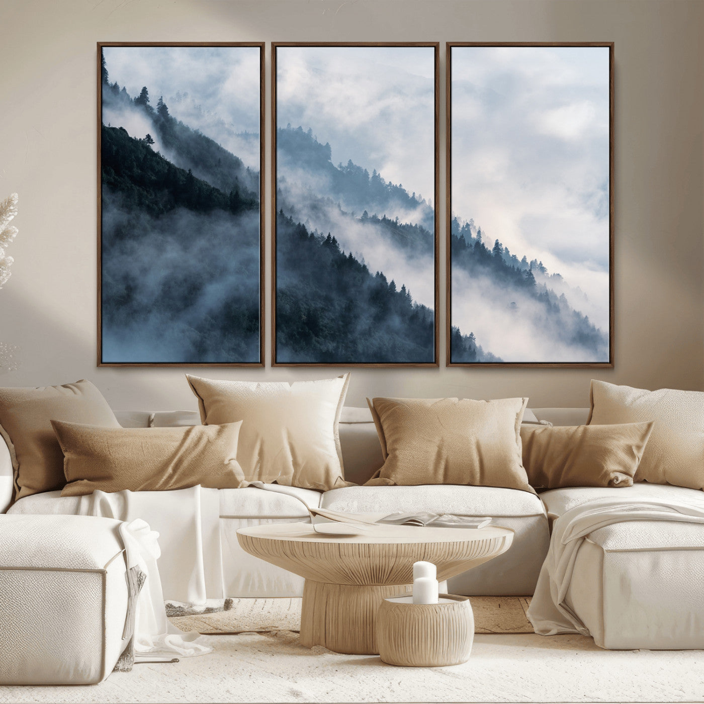 MGV-FC-48X32-3P - Foggy Forest Wall Art Canvas Print – Misty Mountain Landscape Decor – Ready to Hang Nature-Inspired