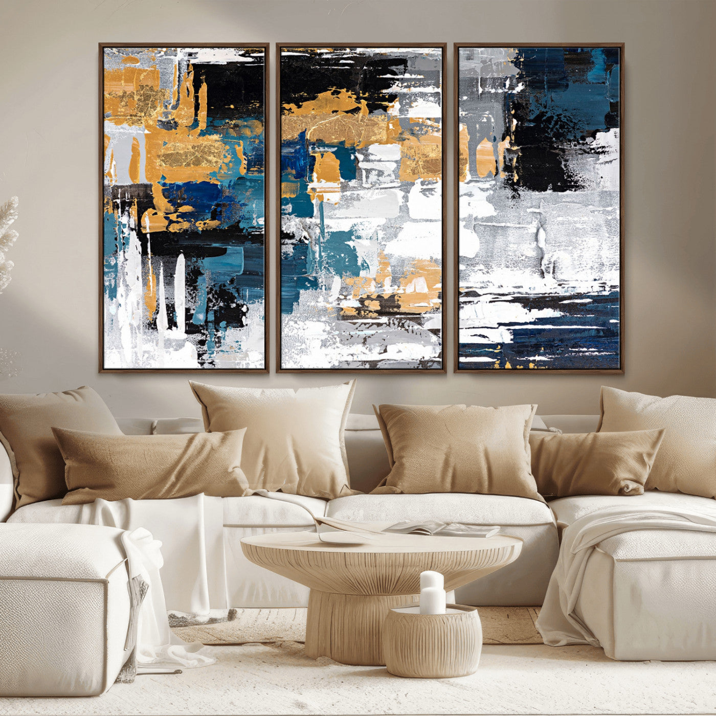 57708-MGV-CV-36X24-Blue and Gold Abstract Canvas Wall Art – Triptych Modern Painting for Living Room – Framed and Ready to Hang