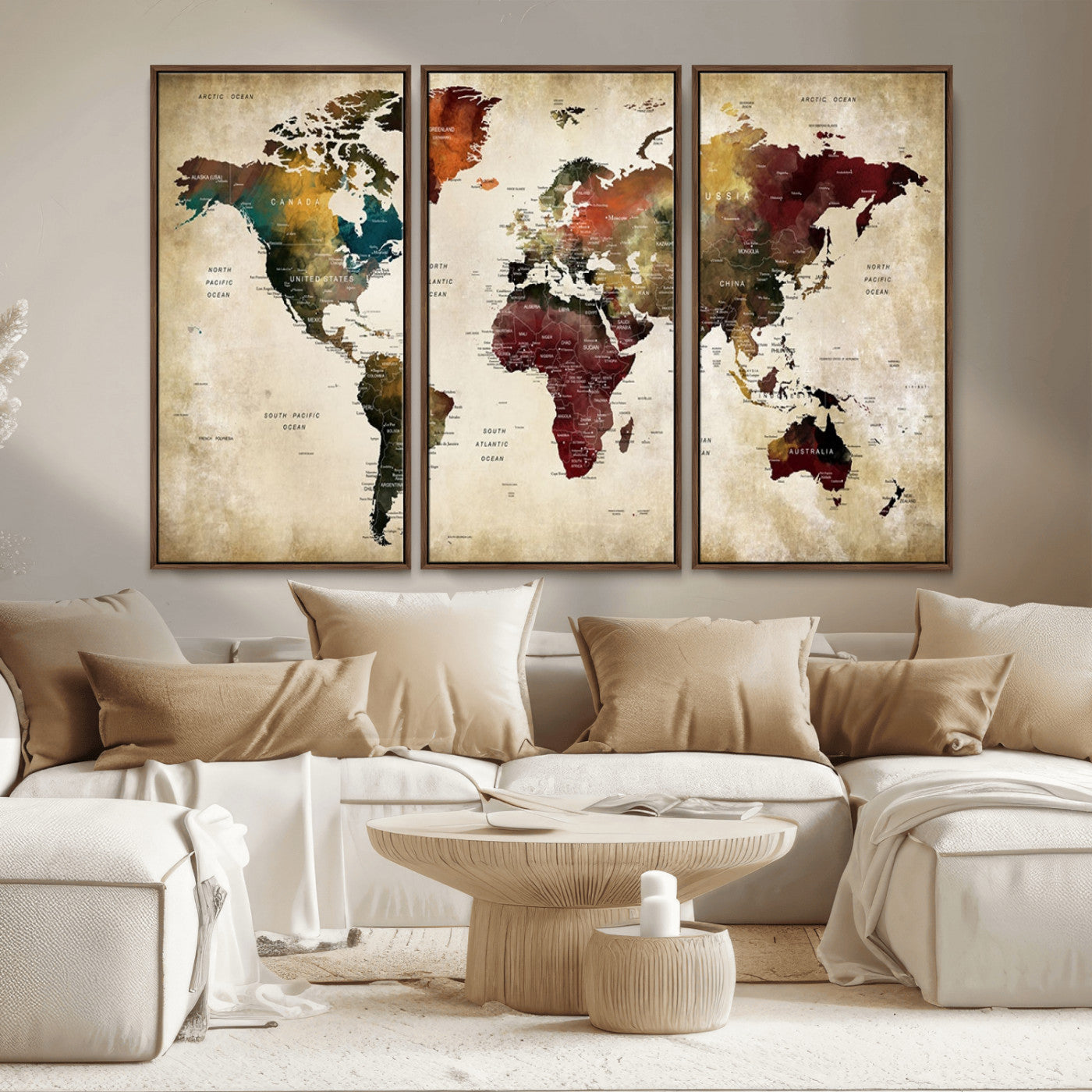 MGV-FC-48X32-3P - Large World Map Wall Art Canvas Print, Framed Push Pin Map Art Picture Print, Abstract Traveller Map Perfect Modern Decor Artwork