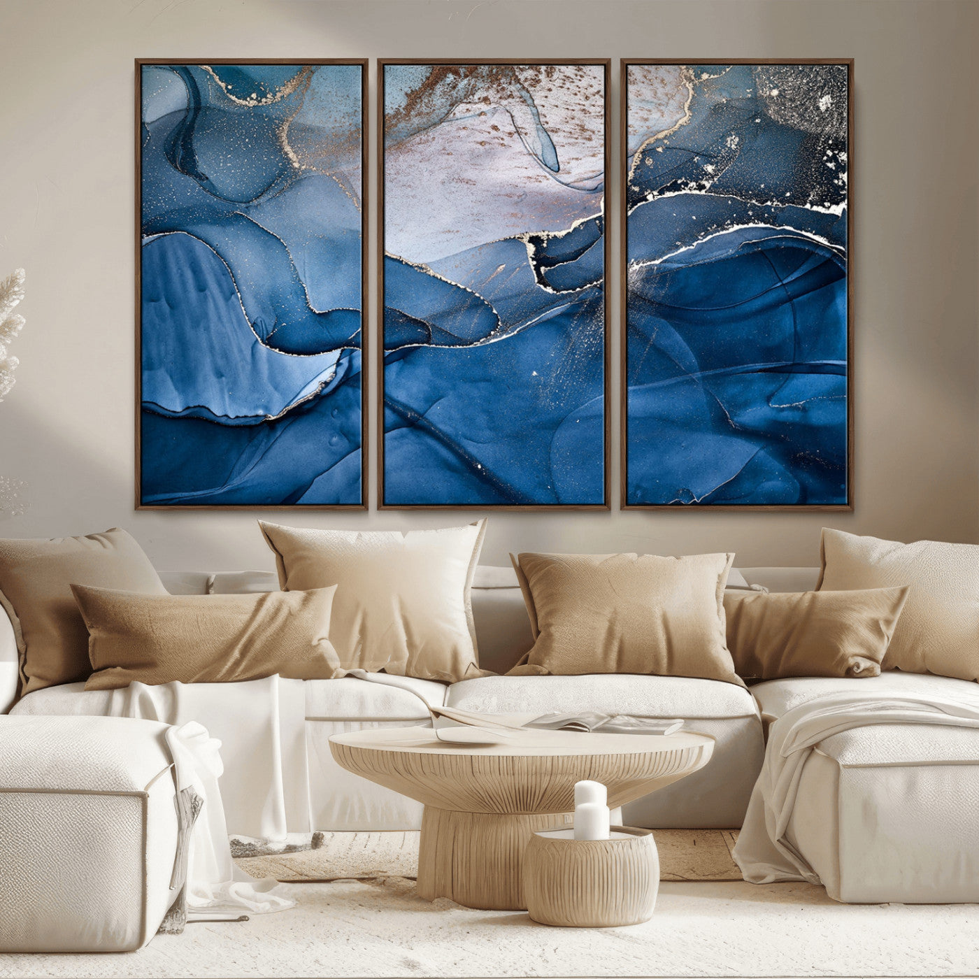 -Navy Blue Canvas Art Abstract Print – Elegant Triptych Modern Art Print – Contemporary Decor for Living Room or Office