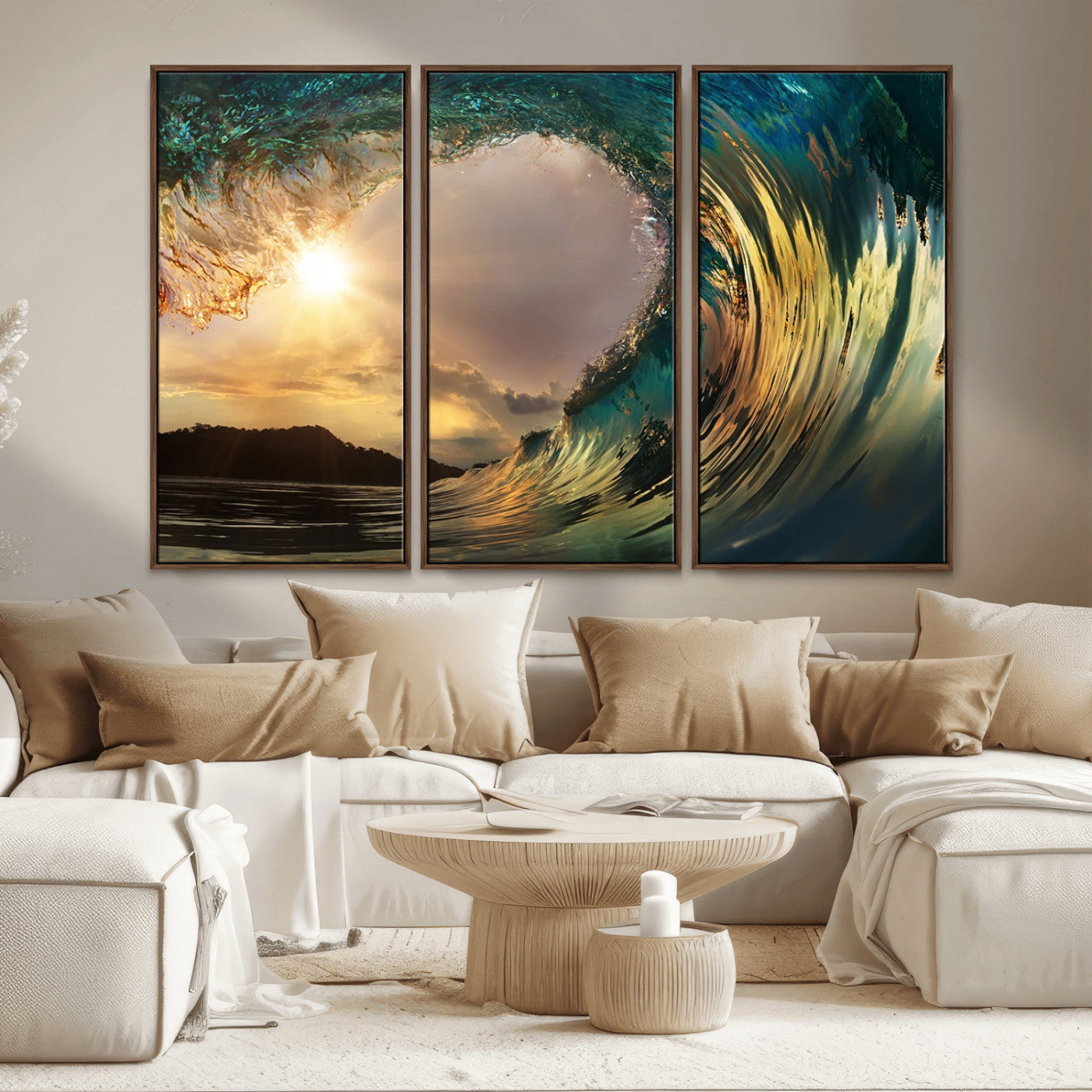 MGV-FC-48X32-3P - Golden Wave Sunset Giclee Canvas Print – Large Coastal Wall Art for Nature Lovers, Captivating Ocean Wave Decor