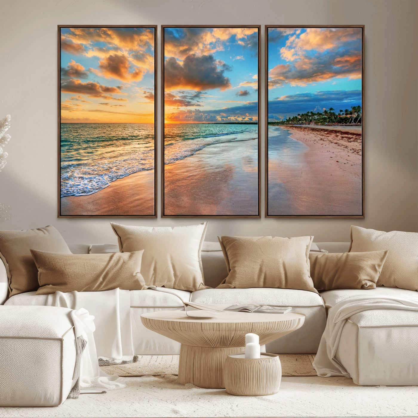 MGV-FC-48X32-3P - Sunset Ocean Waves on Tropical Beach, 3-Panel Giclee Canvas Art for Coastal Home Decor, Vibrant Palm-Lined Shore